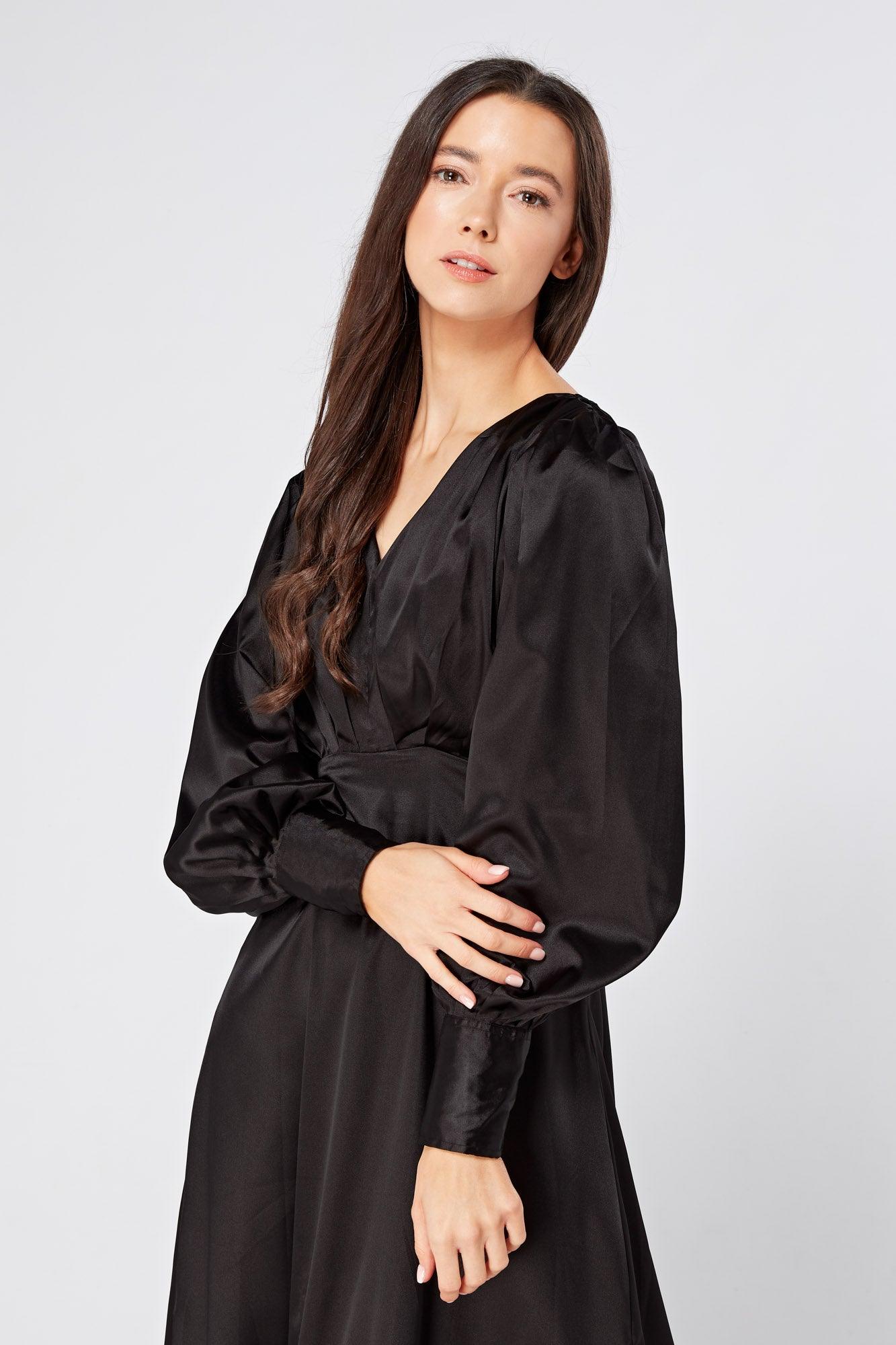 Colette Black Satin Maxi Gown with long sleeves - TAHLIRA