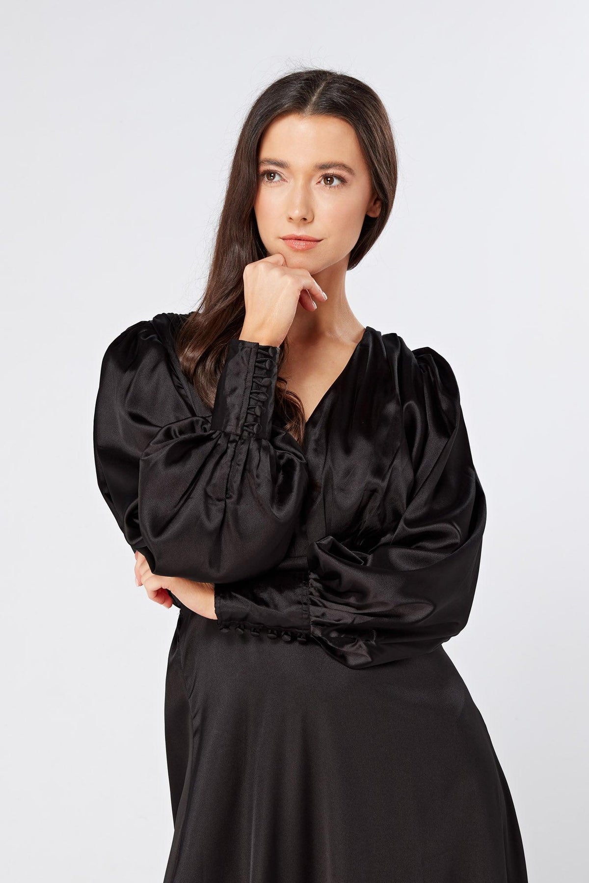 Colette Black Satin Maxi Gown with long sleeves - TAHLIRA