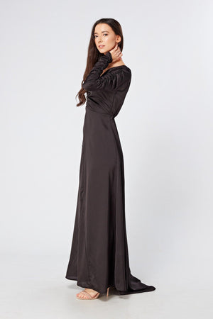 Esmee Black Crepe Maxi Dress With Ruched Detail - TAHLIRA
