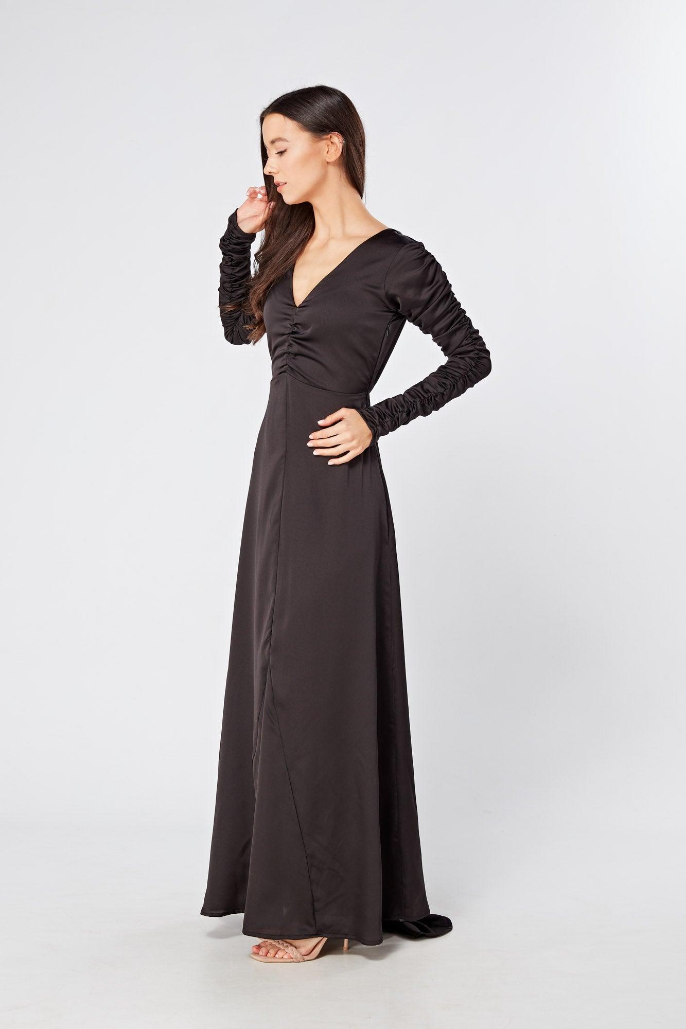 Esmee Black Crepe Maxi Dress With Ruched Detail - TAHLIRA