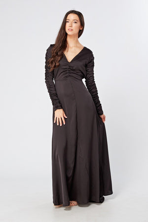 Esmee Black Crepe Maxi Dress With Ruched Detail - TAHLIRA