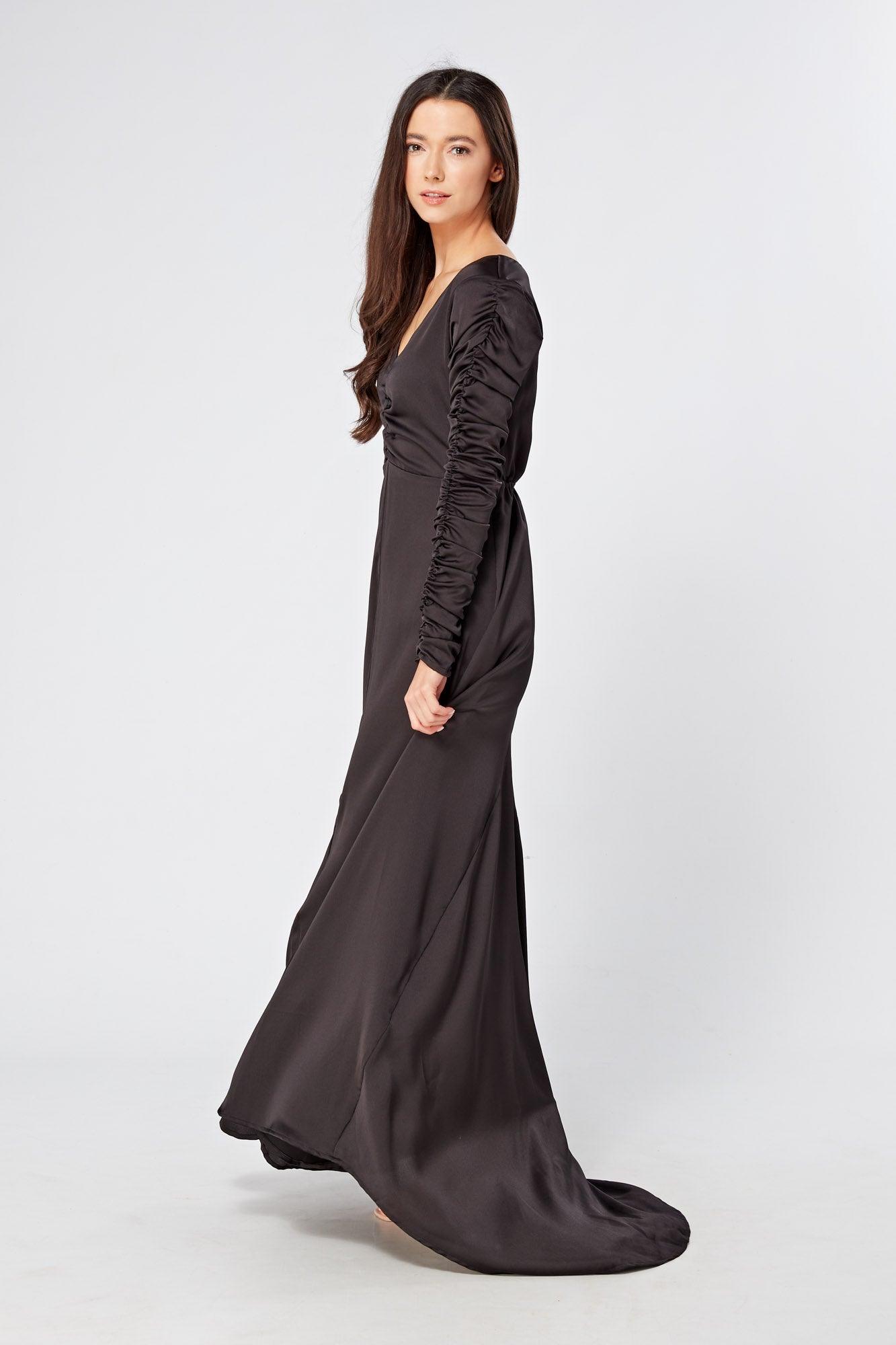 Esmee Black Crepe Maxi Dress With Ruched Detail - TAHLIRA