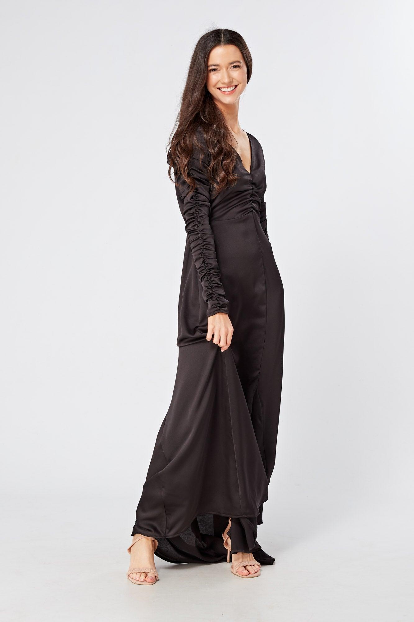 Esmee Black Crepe Maxi Dress With Ruched Detail - TAHLIRA