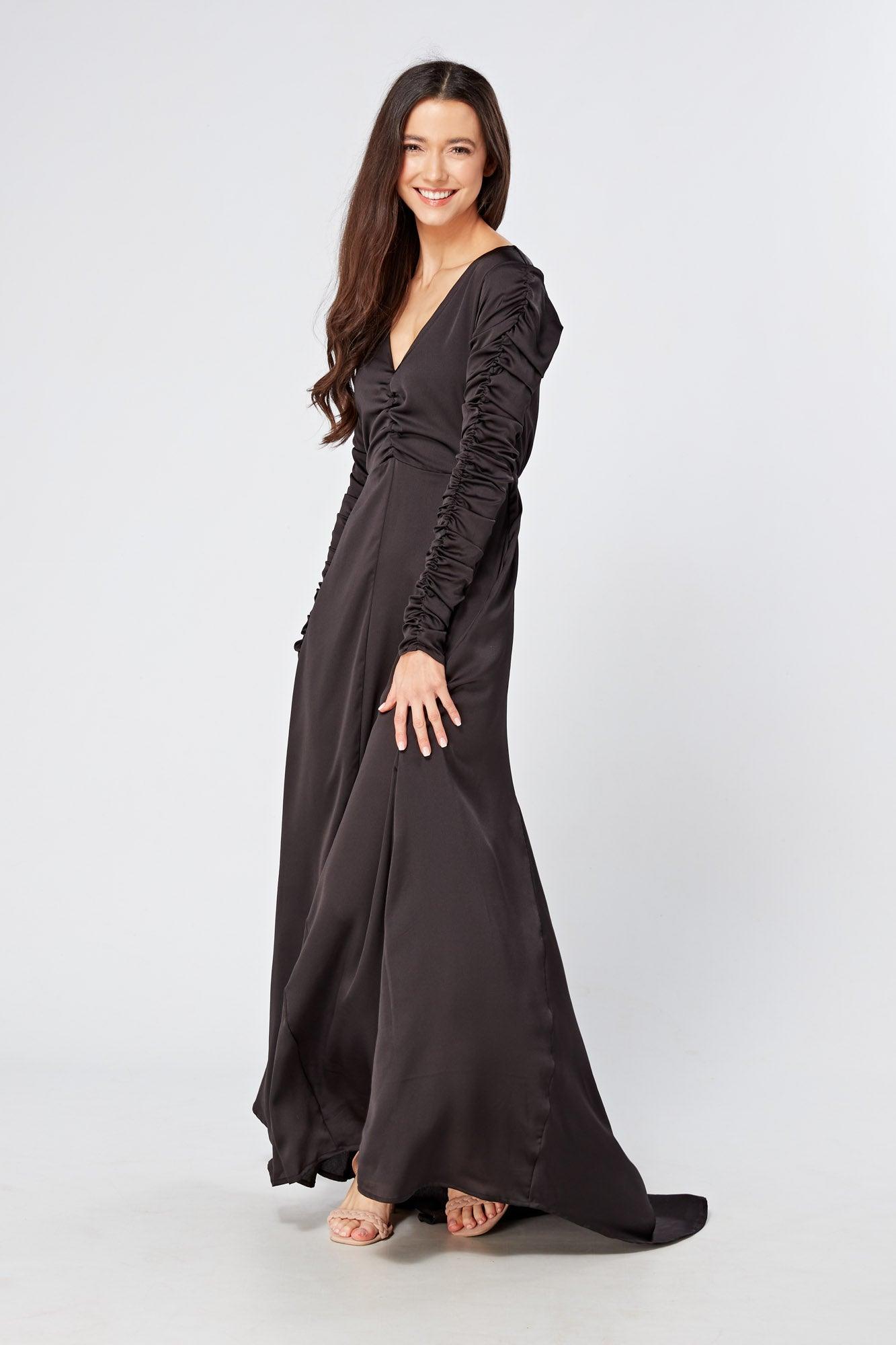 Esmee Black Crepe Maxi Dress With Ruched Detail - TAHLIRA