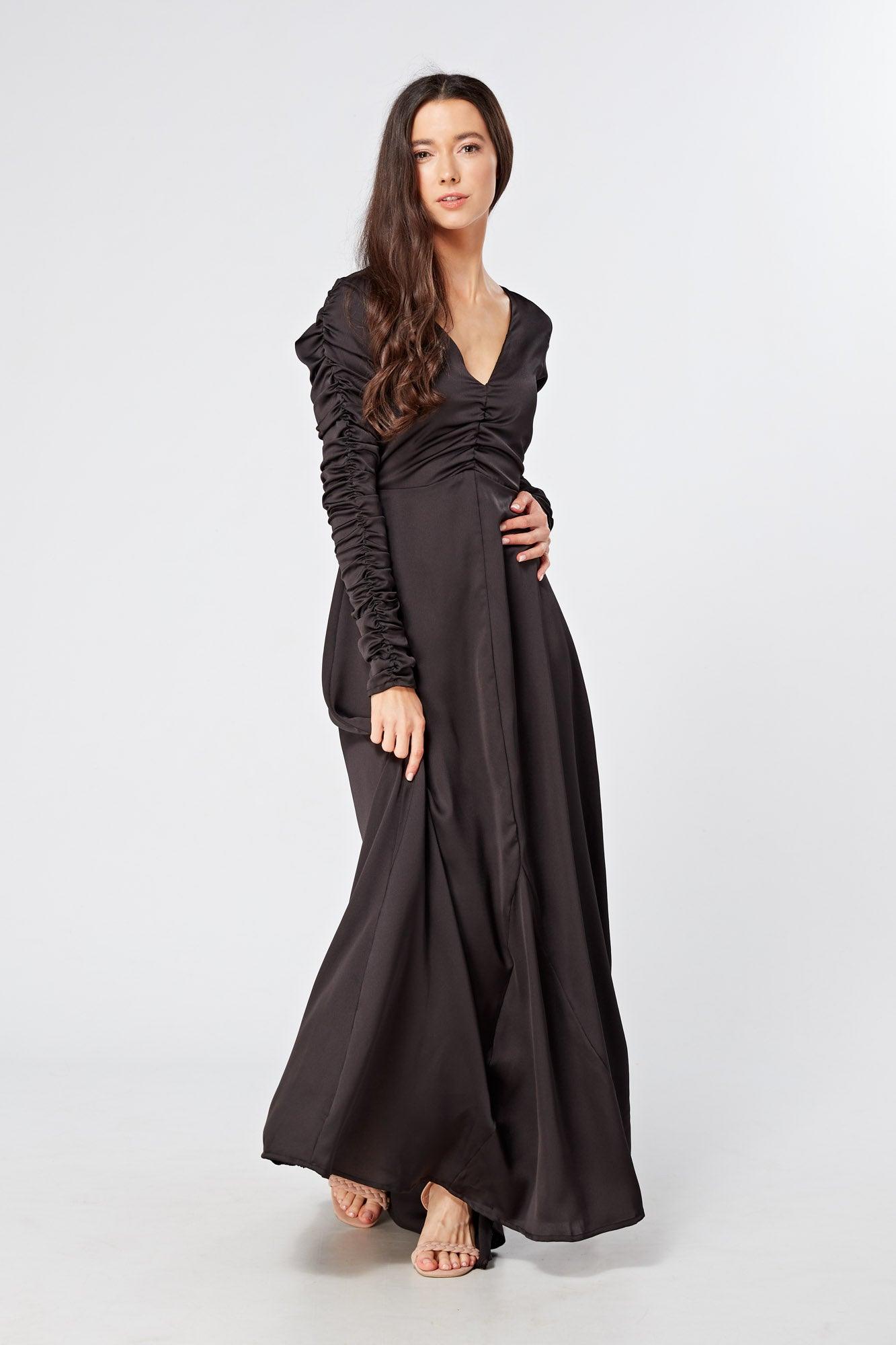 Esmee Black Crepe Maxi Dress With Ruched Detail - TAHLIRA