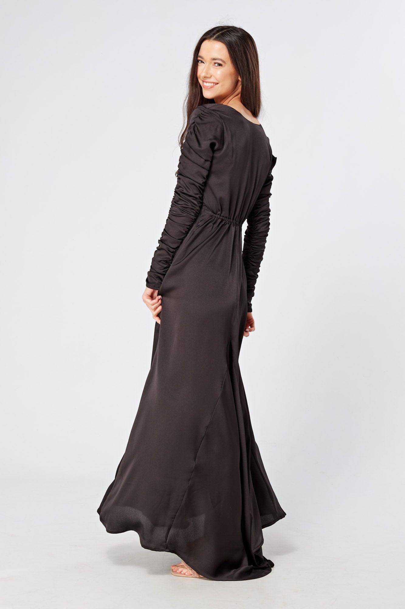 Esmee Black Crepe Maxi Dress With Ruched Detail - TAHLIRA