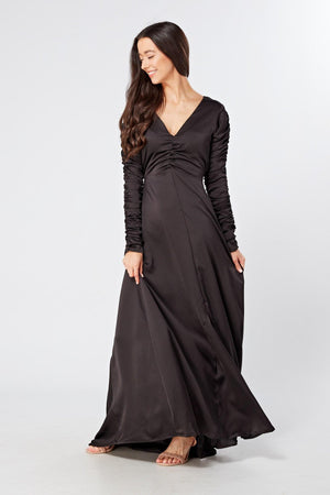 Esmee Black Crepe Maxi Dress With Ruched Detail - TAHLIRA
