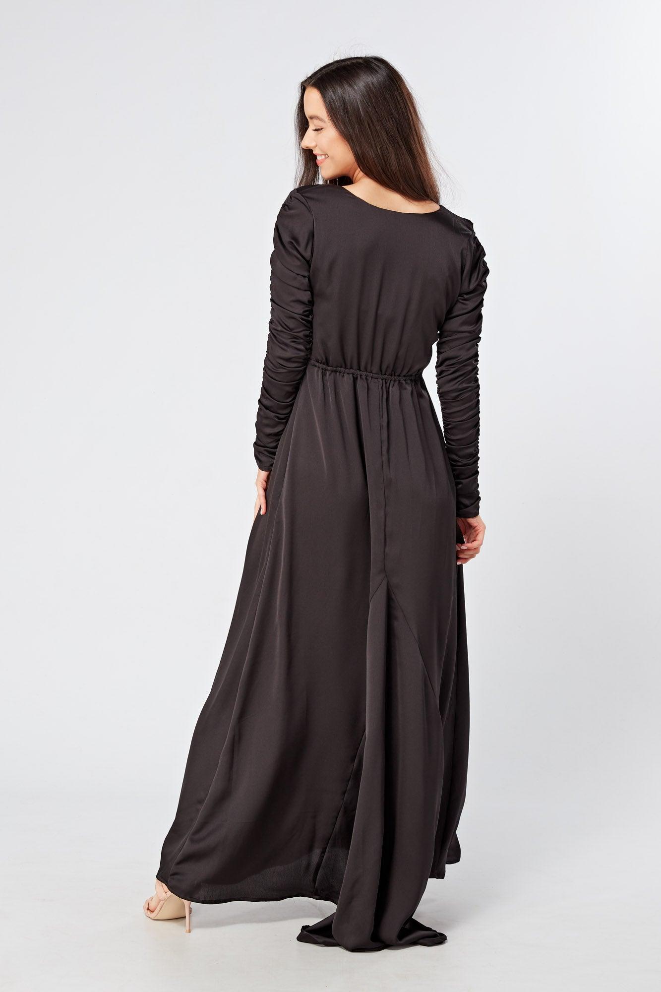 Esmee Black Crepe Maxi Dress With Ruched Detail - TAHLIRA