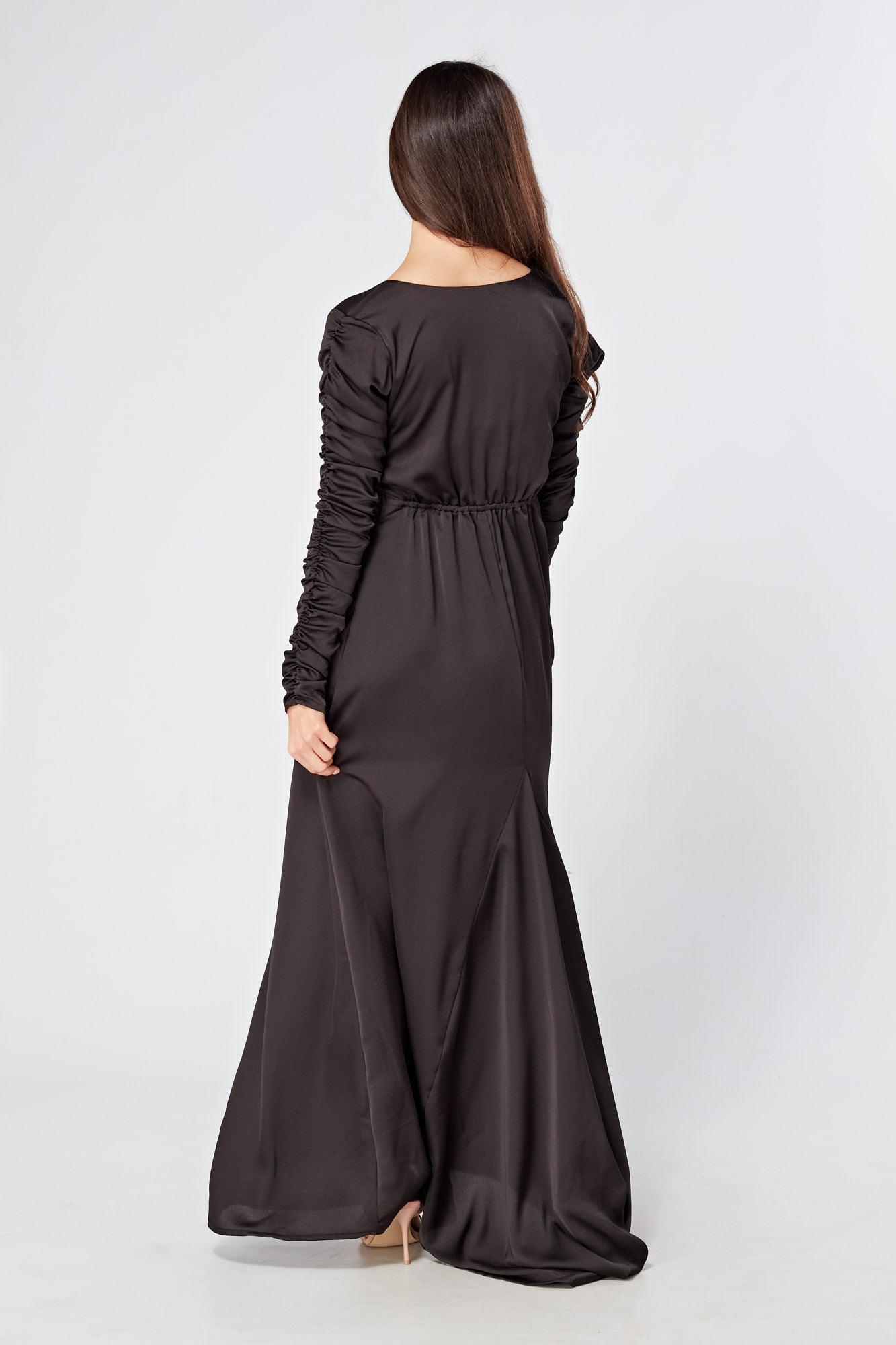 Esmee Black Crepe Maxi Dress With Ruched Detail - TAHLIRA