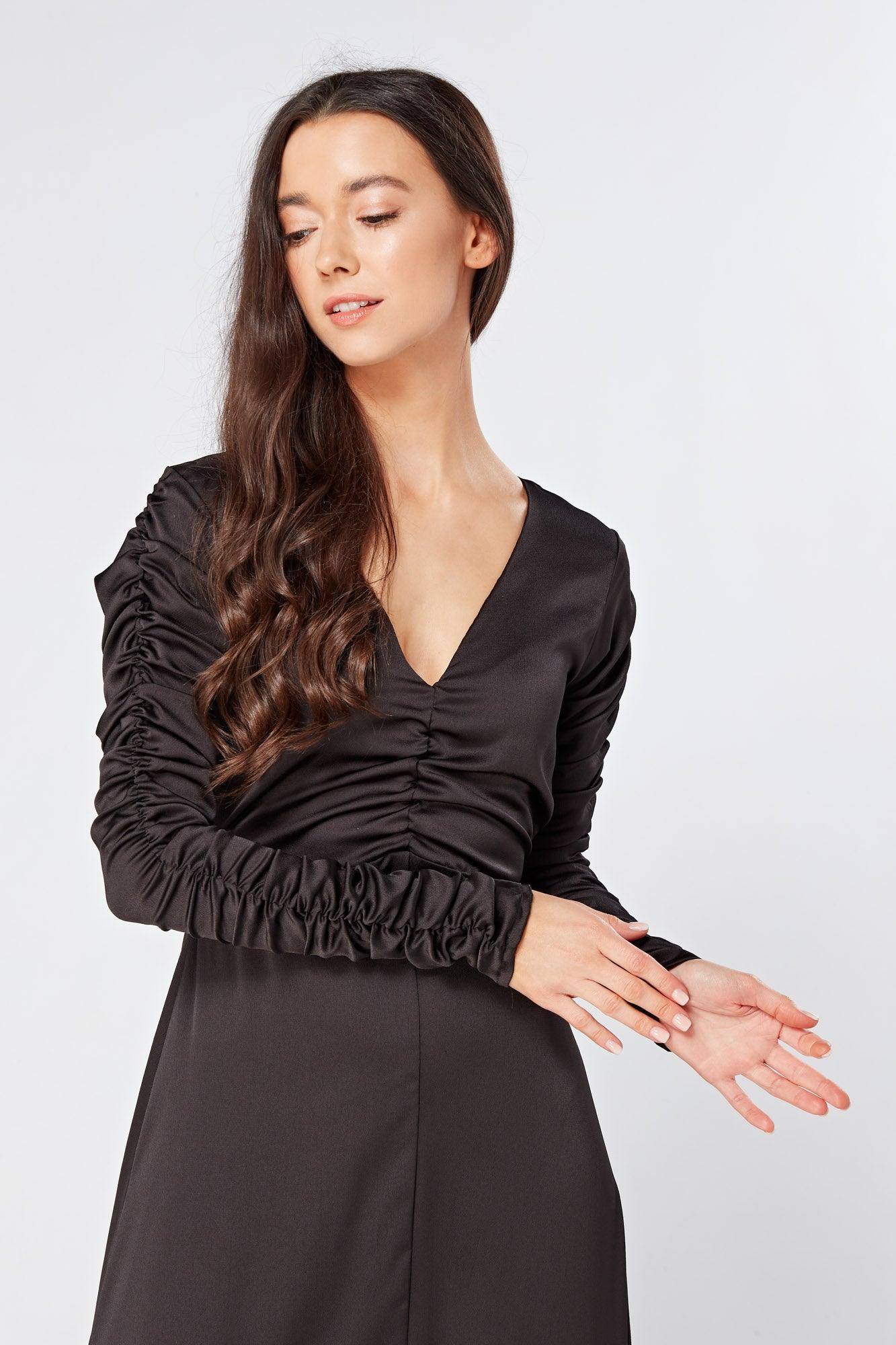 Esmee Black Crepe Maxi Dress With Ruched Detail - TAHLIRA