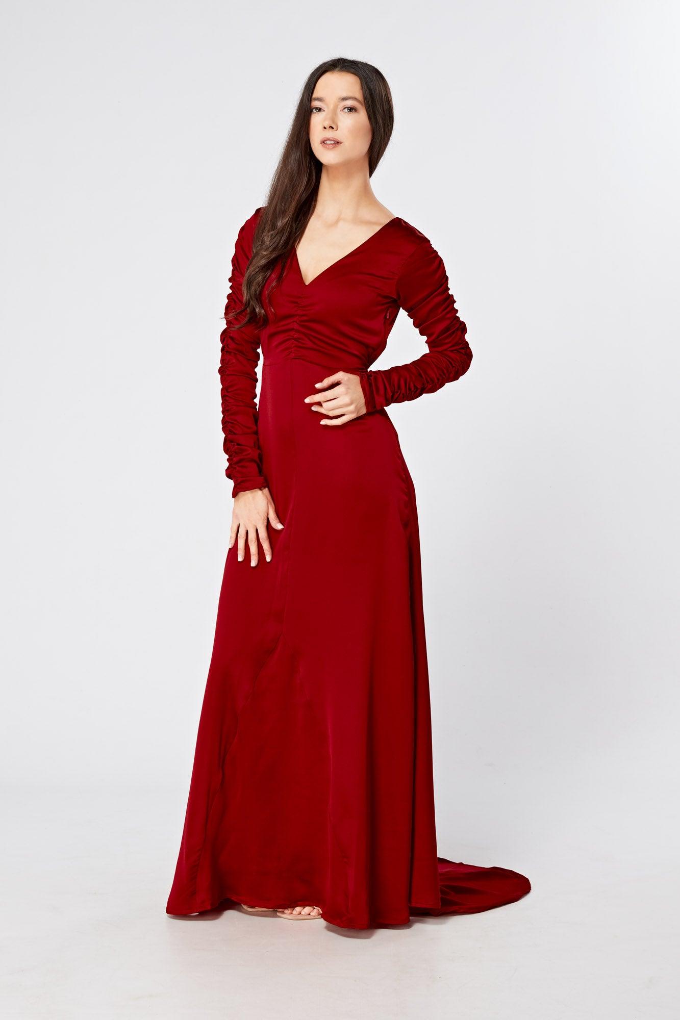 Ella Red Crepe Maxi Dress With Ruched Detail - TAHLIRA