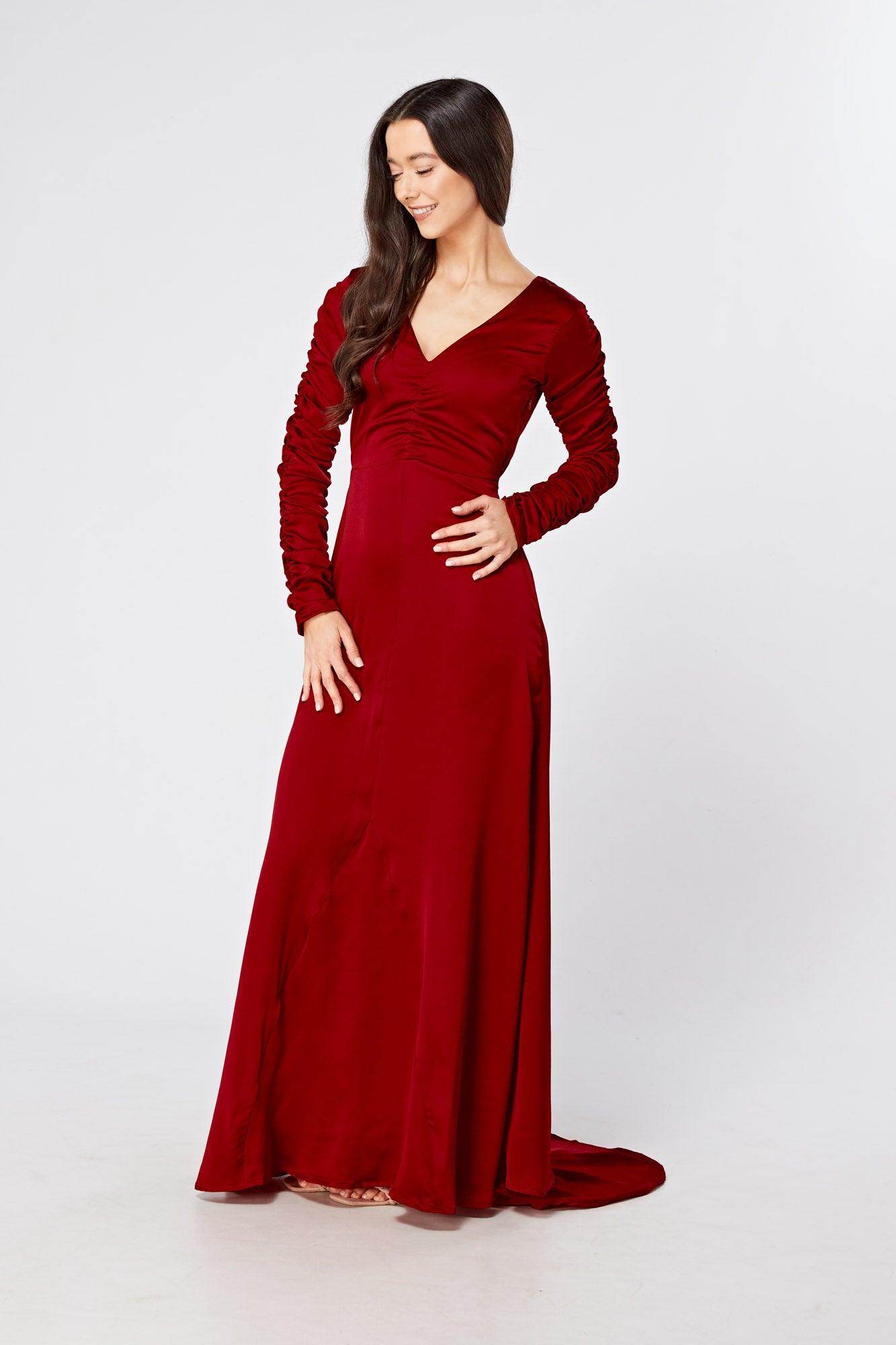 Ella Red Crepe Maxi Dress With Ruched Detail - TAHLIRA