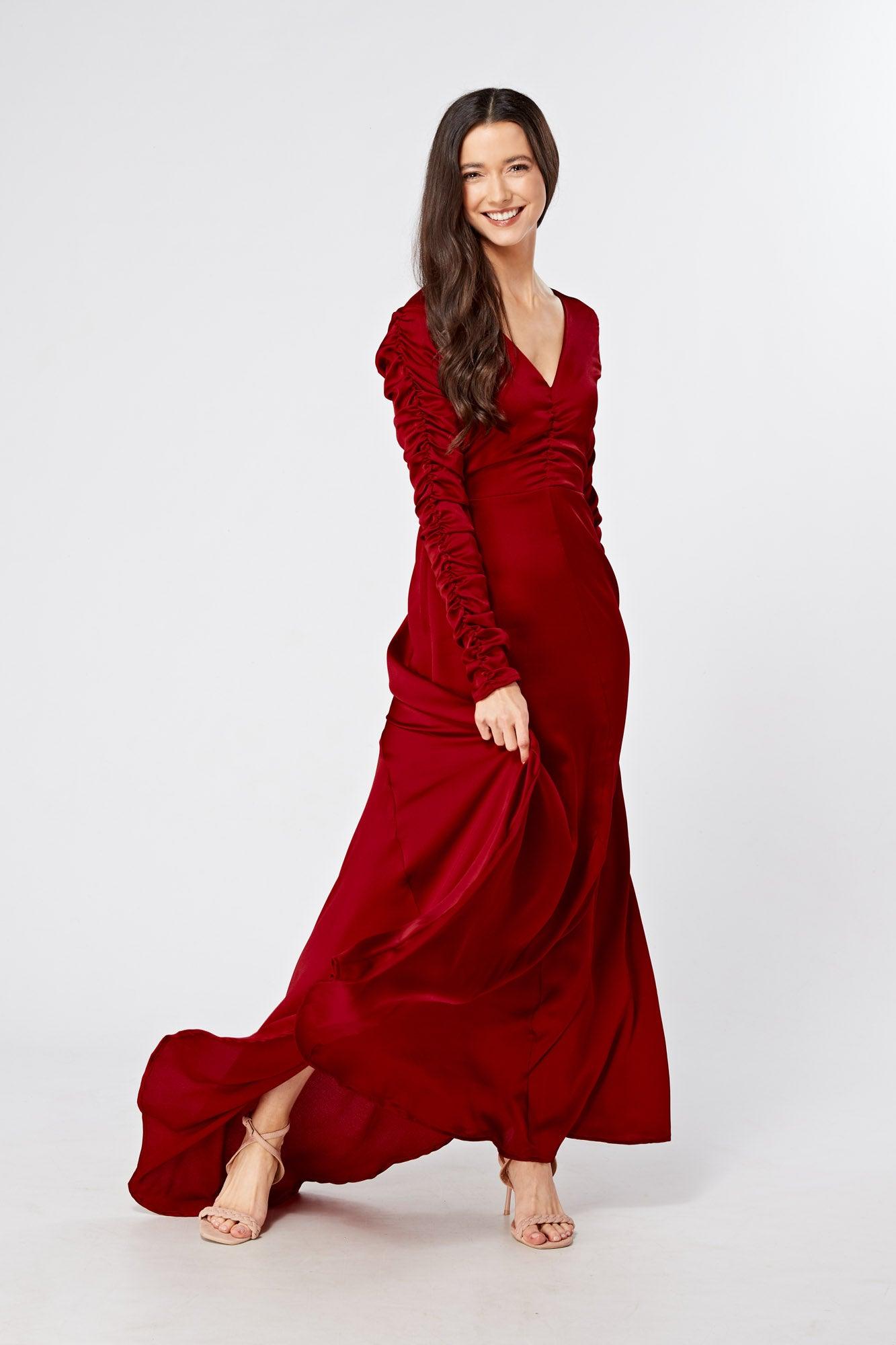 Ella Red Crepe Maxi Dress With Ruched Detail - TAHLIRA