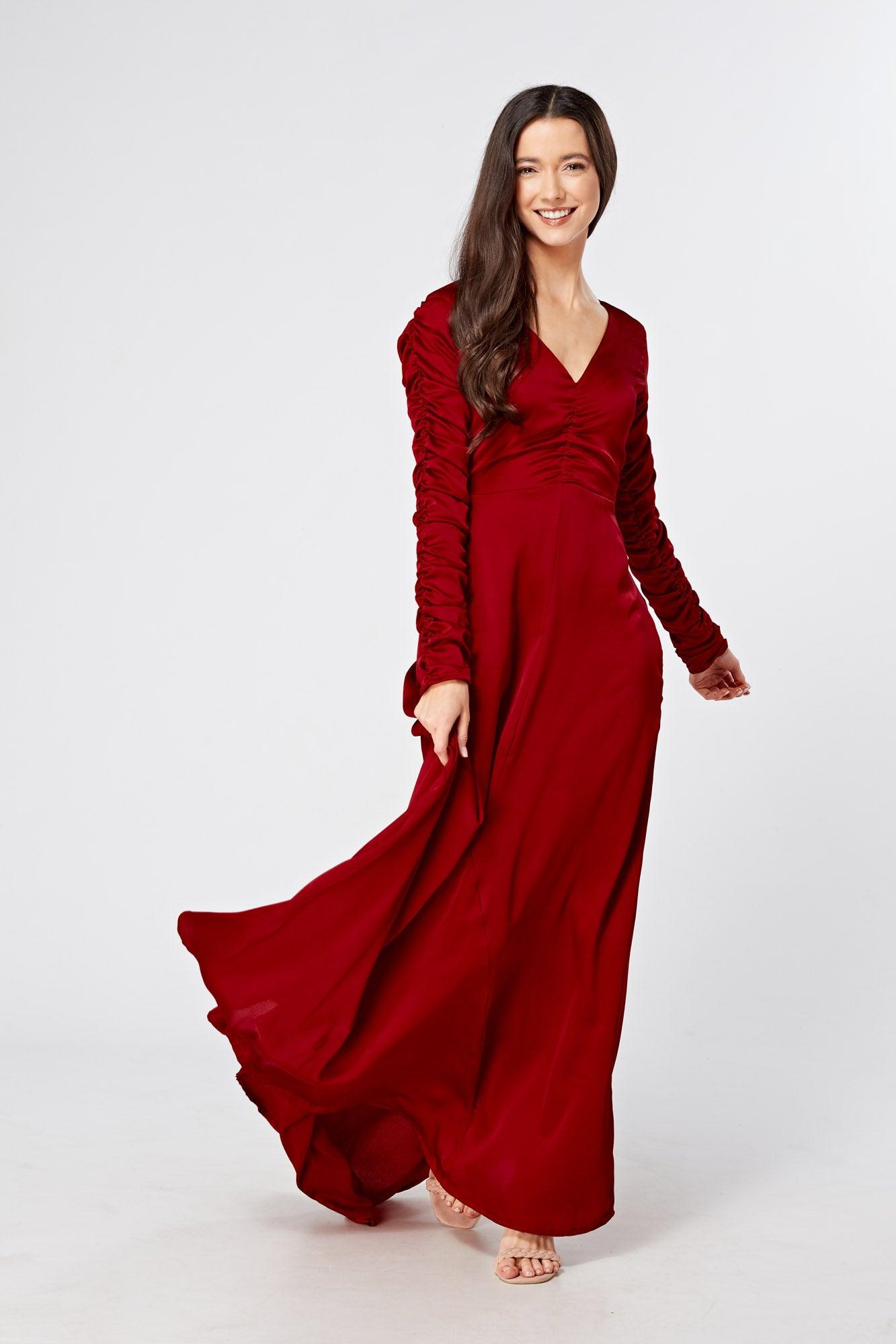 Ella Red Crepe Maxi Dress With Ruched Detail - TAHLIRA