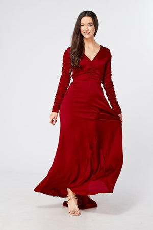 Ella Red Crepe Maxi Dress With Ruched Detail - TAHLIRA