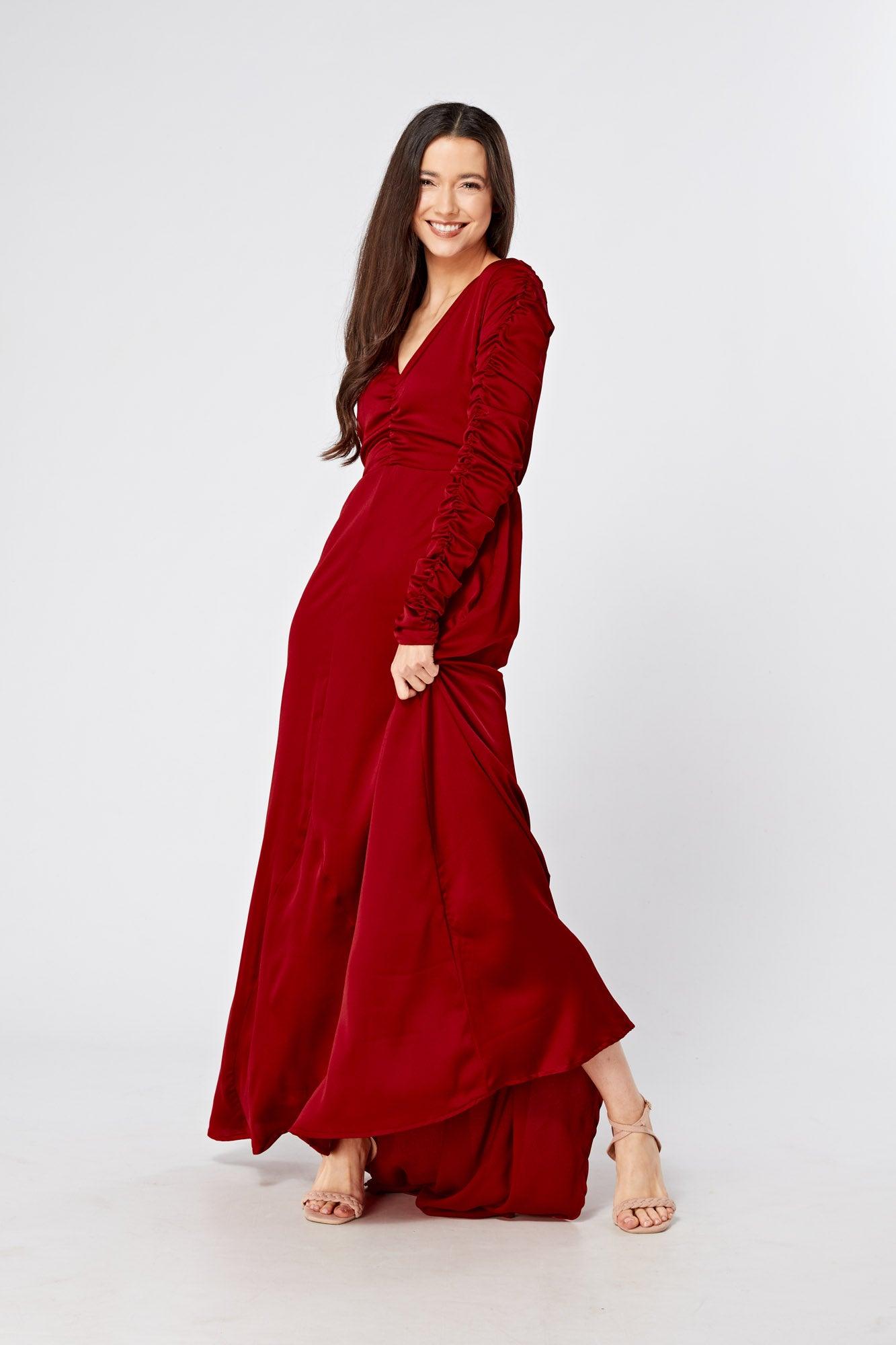 Ella Red Crepe Maxi Dress With Ruched Detail - TAHLIRA