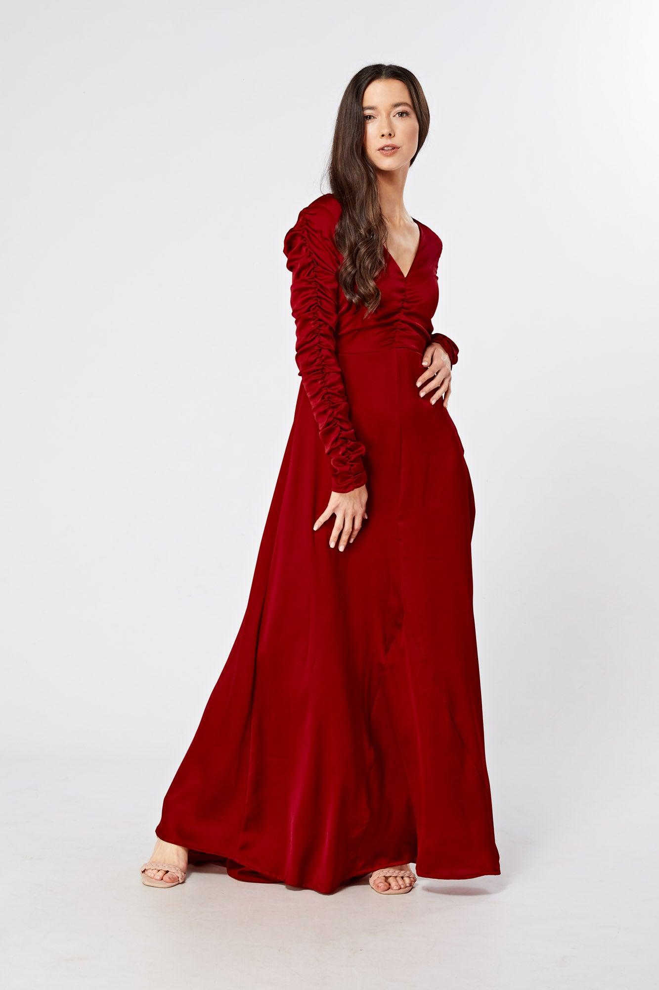 Ella Red Crepe Maxi Dress With Ruched Detail - TAHLIRA