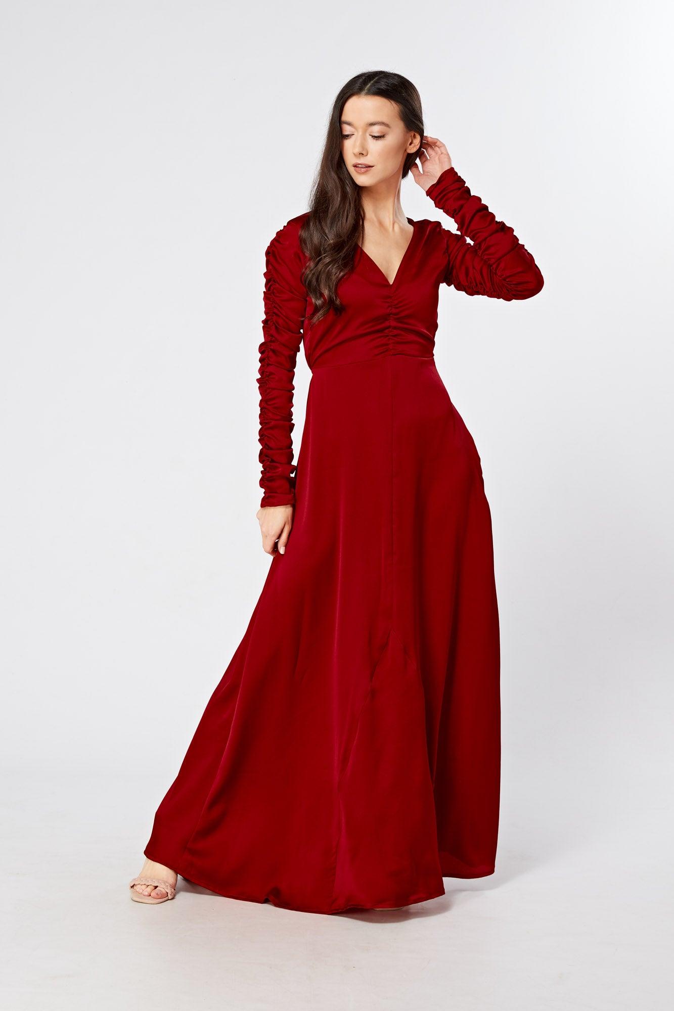 Ella Red Crepe Maxi Dress With Ruched Detail - TAHLIRA