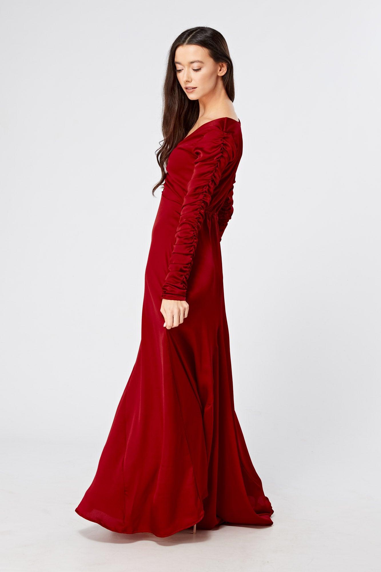 Ella Red Crepe Maxi Dress With Ruched Detail - TAHLIRA