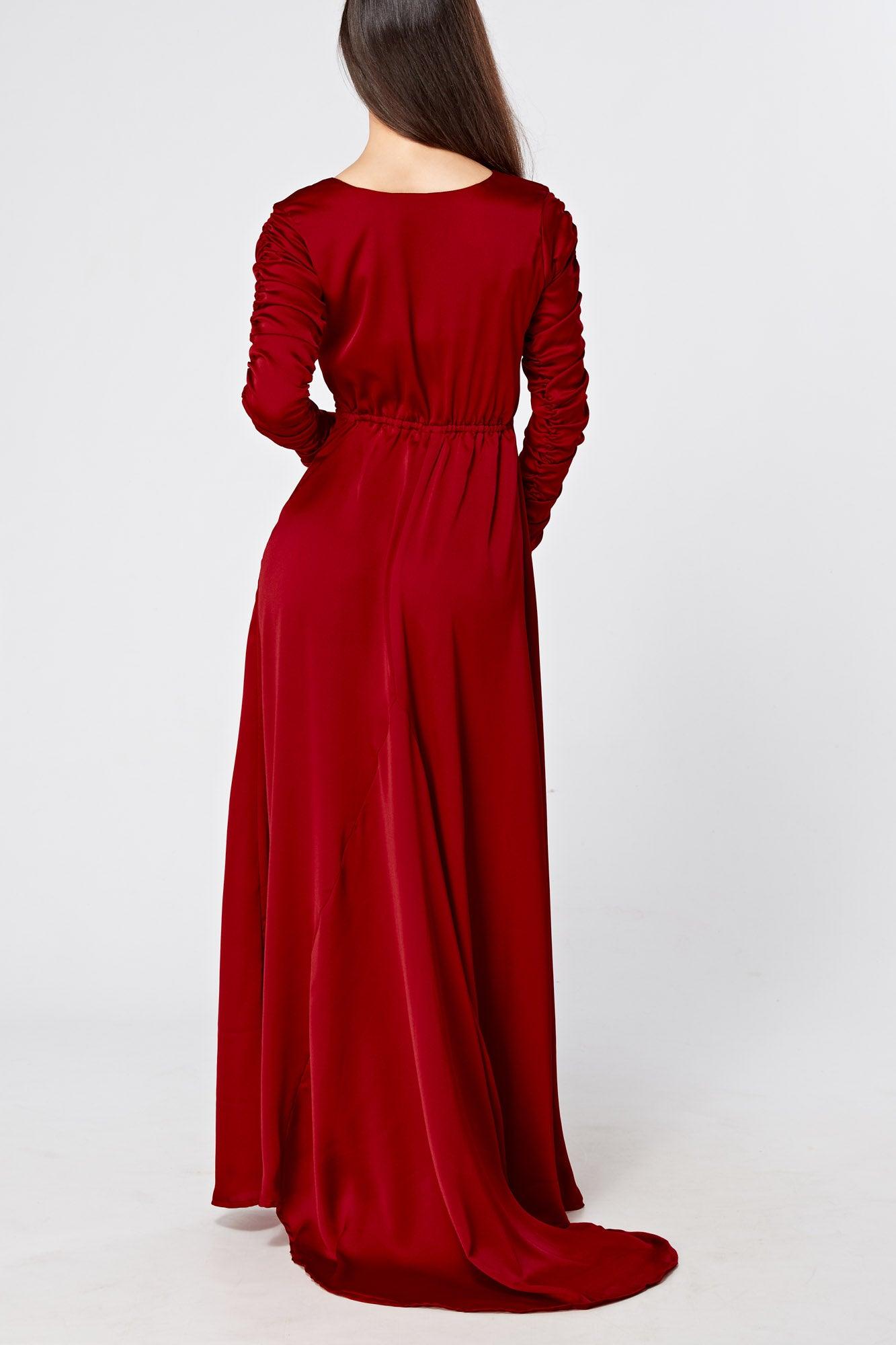 Ella Red Crepe Maxi Dress With Ruched Detail - TAHLIRA