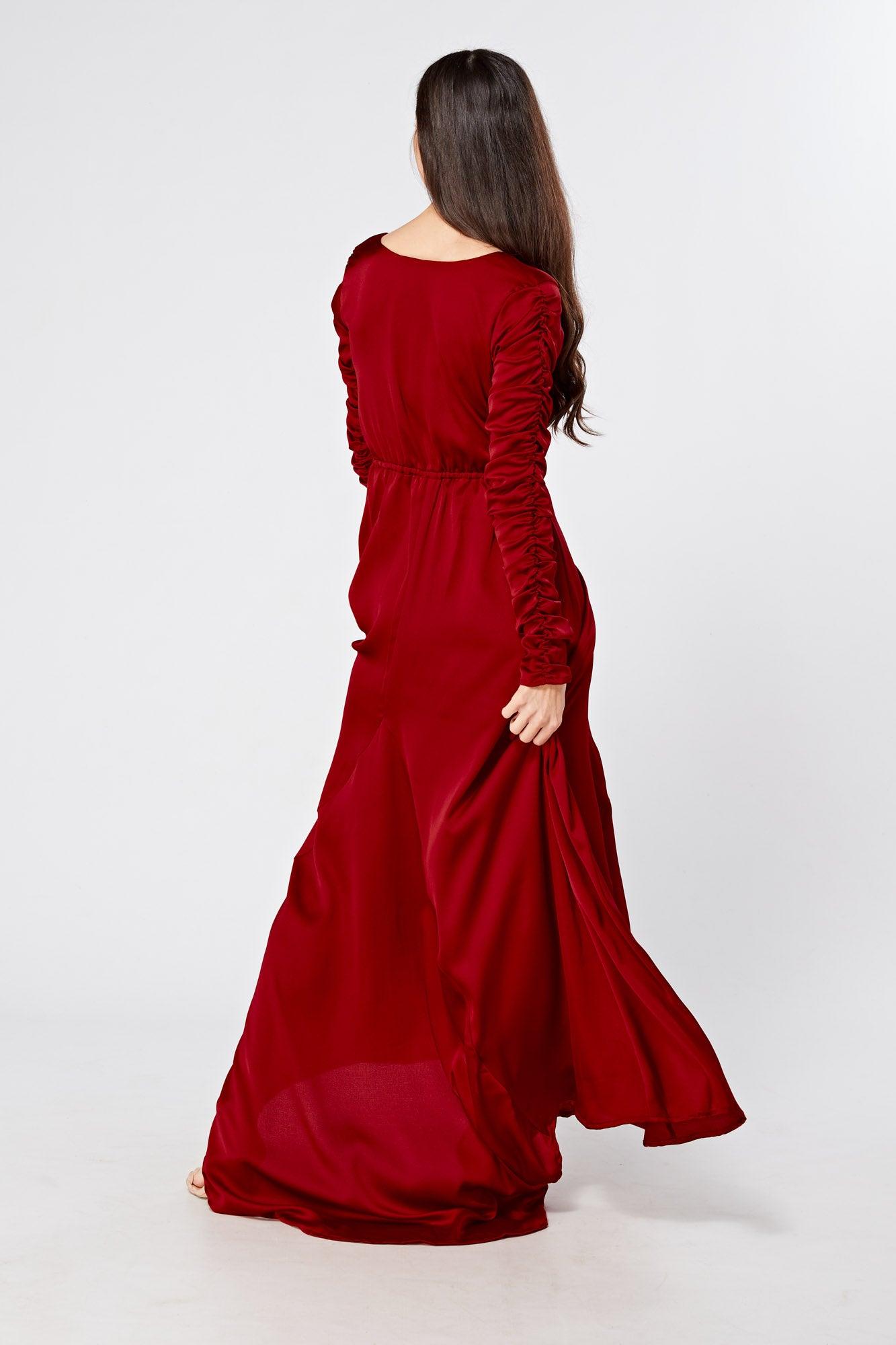 Ella Red Crepe Maxi Dress With Ruched Detail - TAHLIRA