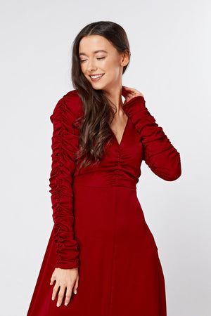 Ella Red Crepe Maxi Dress With Ruched Detail - TAHLIRA