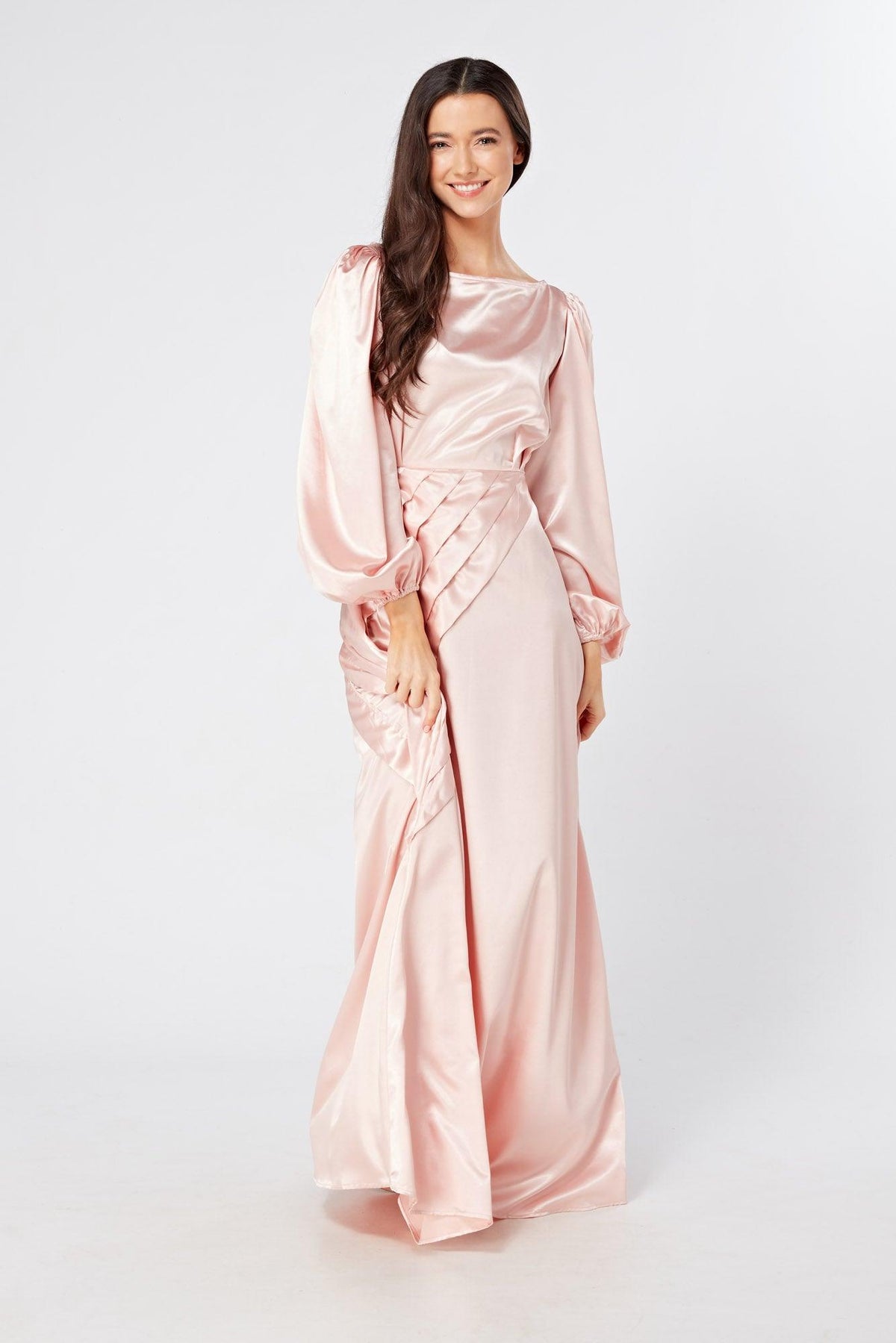 Seraphina Pink Satin Maxi Dress With Long Sleeves - TAHLIRA