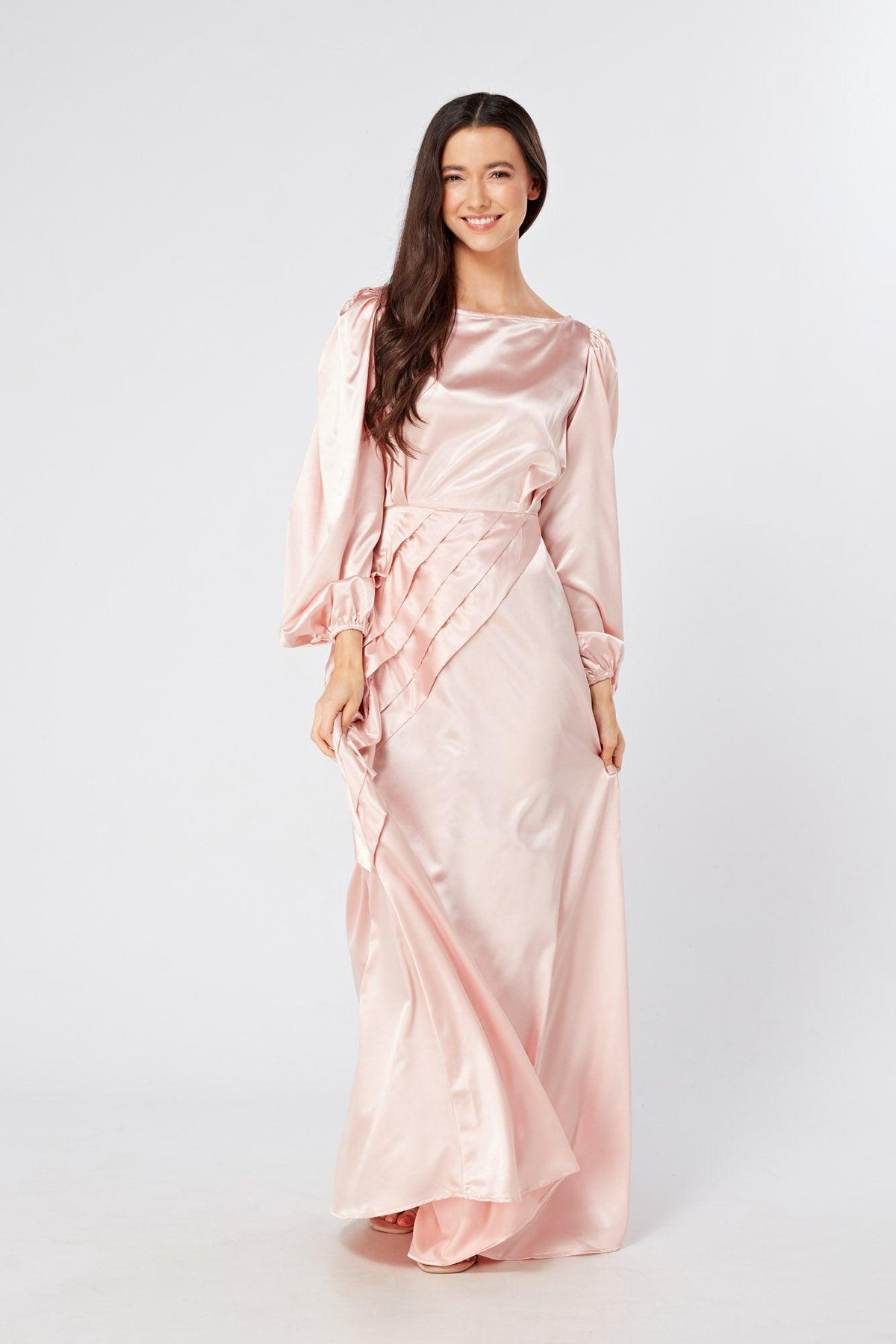 Seraphina Pink Satin Maxi Dress With Long Sleeves - TAHLIRA