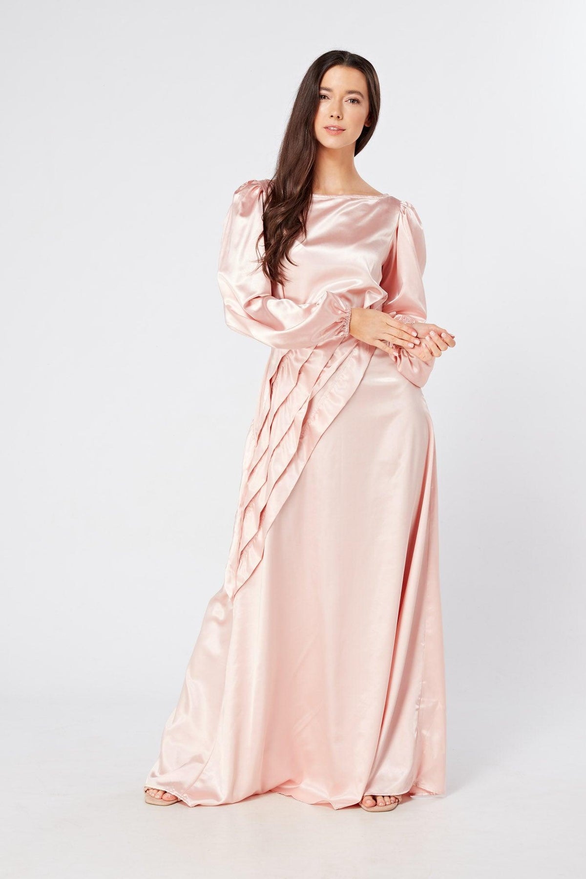 Seraphina Pink Satin Maxi Dress With Long Sleeves - TAHLIRA