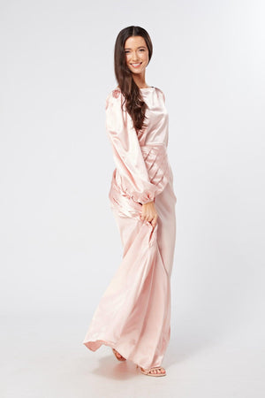 Seraphina Pink Satin Maxi Dress With Long Sleeves - TAHLIRA