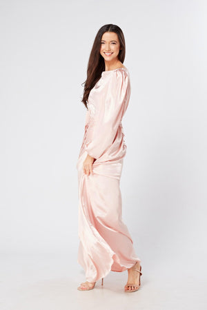 Seraphina Pink Satin Maxi Dress With Long Sleeves - TAHLIRA