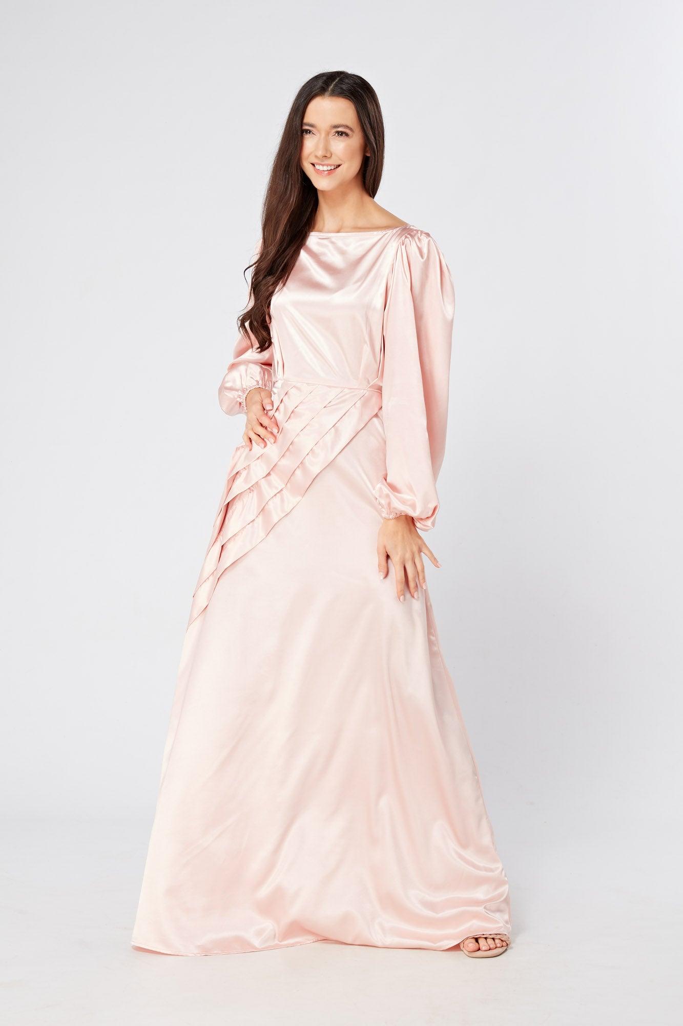 Seraphina Pink Satin Maxi Dress With Long Sleeves - TAHLIRA