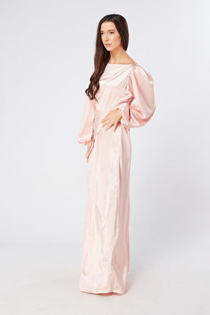 Seraphina Pink Satin Maxi Dress With Long Sleeves - TAHLIRA