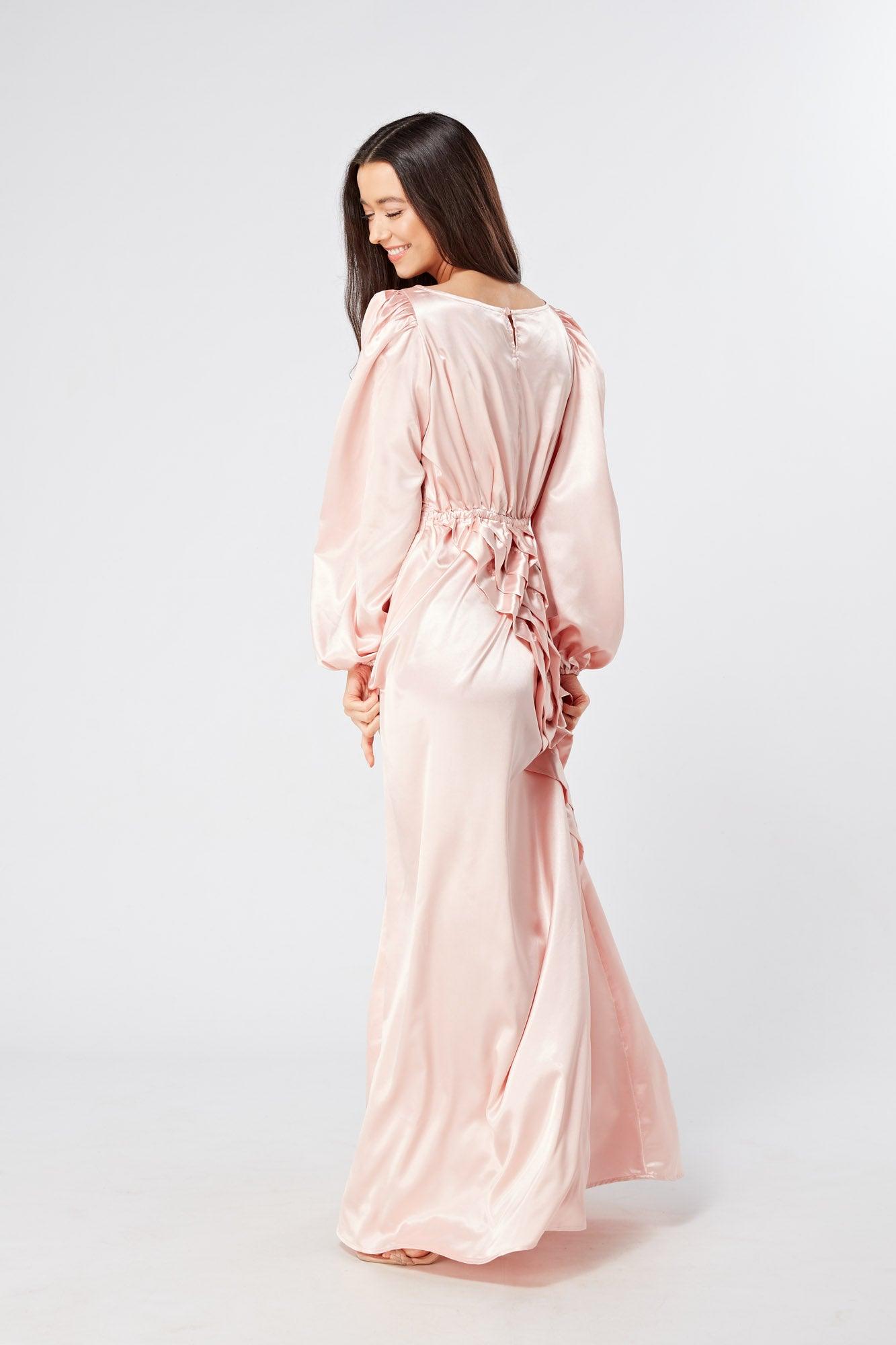 Seraphina Pink Satin Maxi Dress With Long Sleeves - TAHLIRA