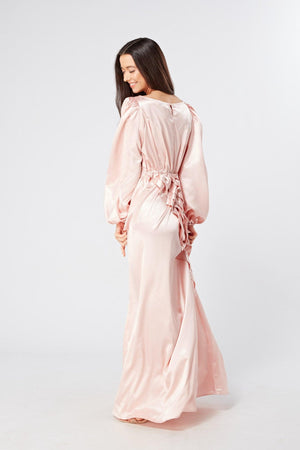 Seraphina Pink Satin Maxi Dress With Long Sleeves - TAHLIRA