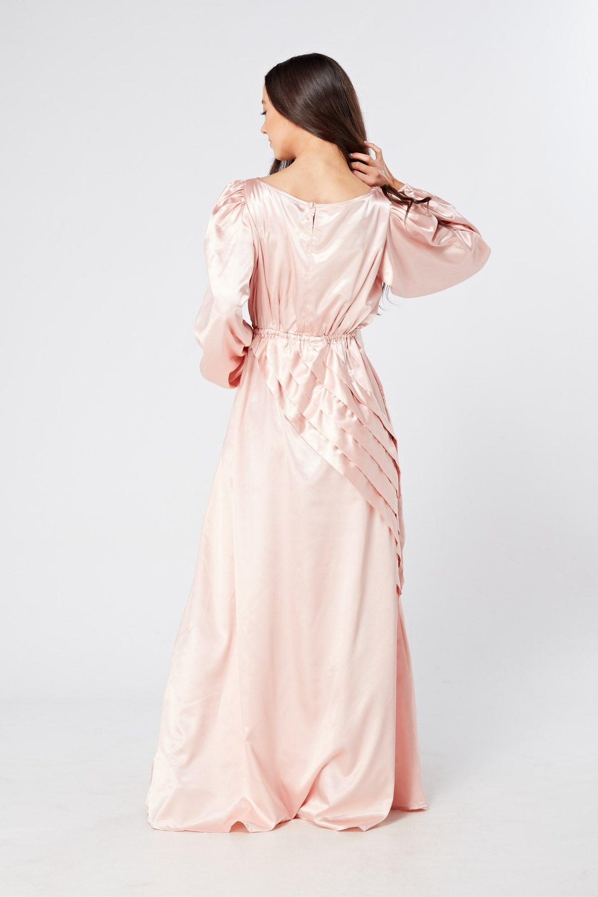 Seraphina Pink Satin Maxi Dress With Long Sleeves - TAHLIRA