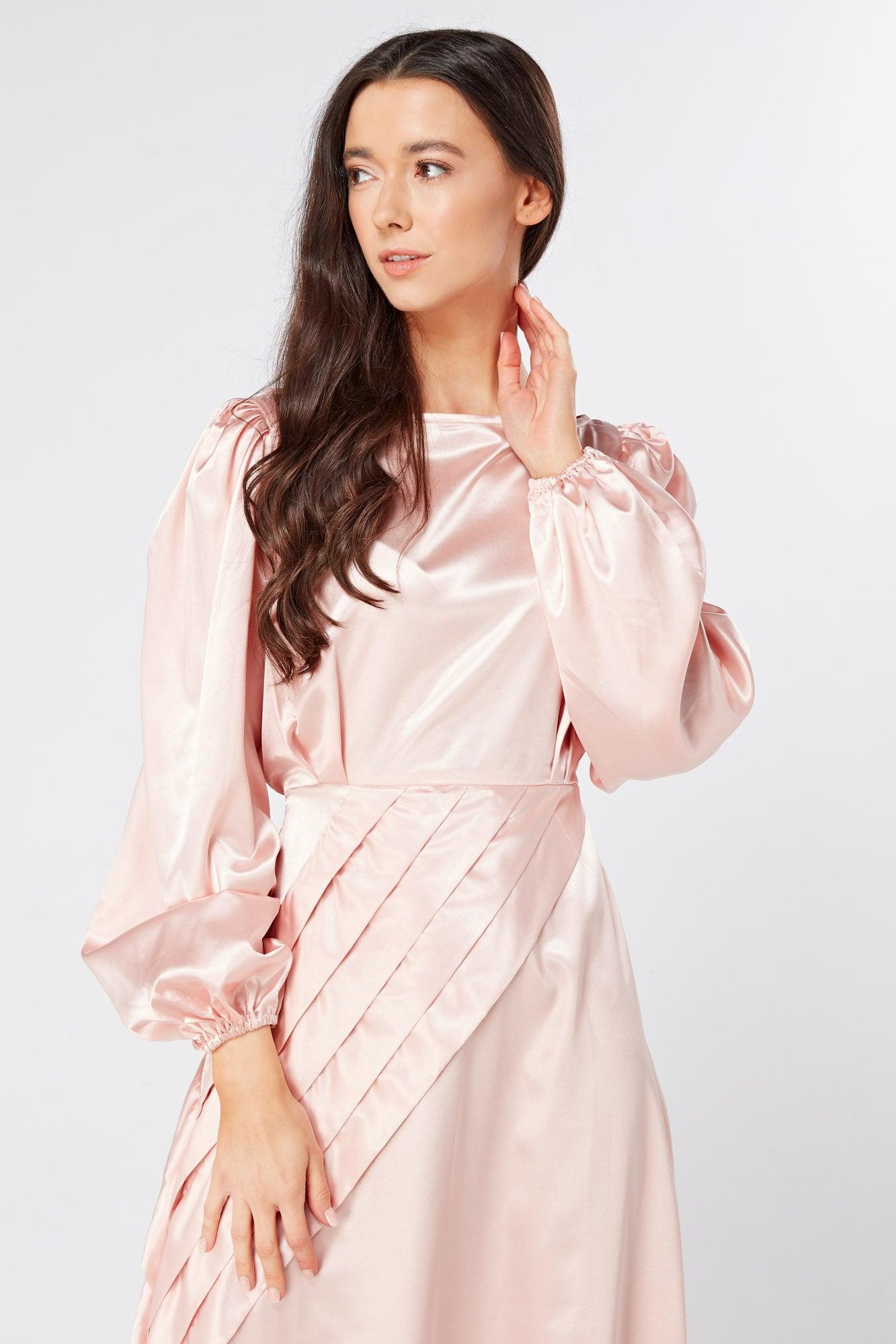 Seraphina Pink Satin Maxi Dress With Long Sleeves - TAHLIRA