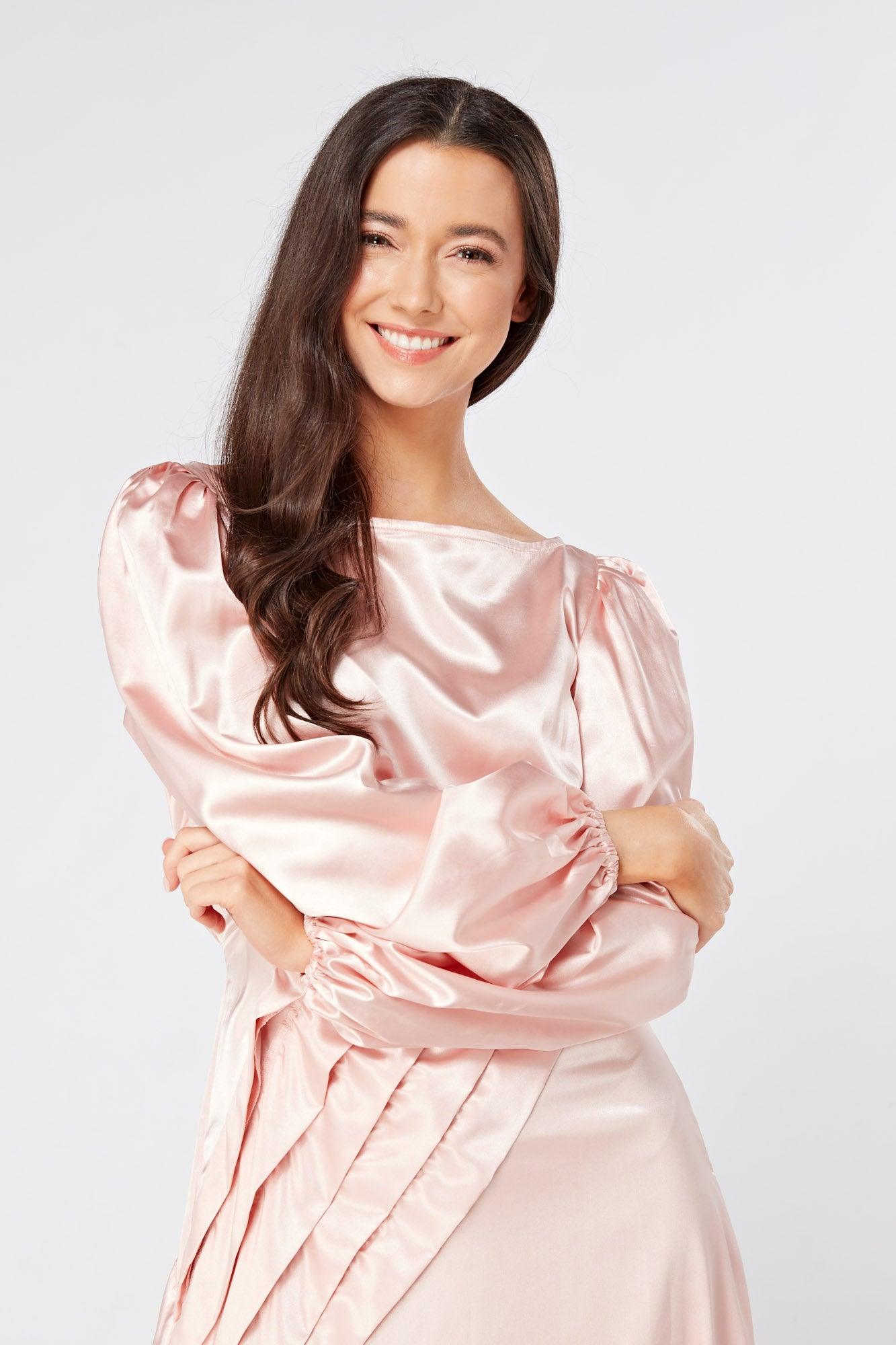 Seraphina Pink Satin Maxi Dress With Long Sleeves - TAHLIRA