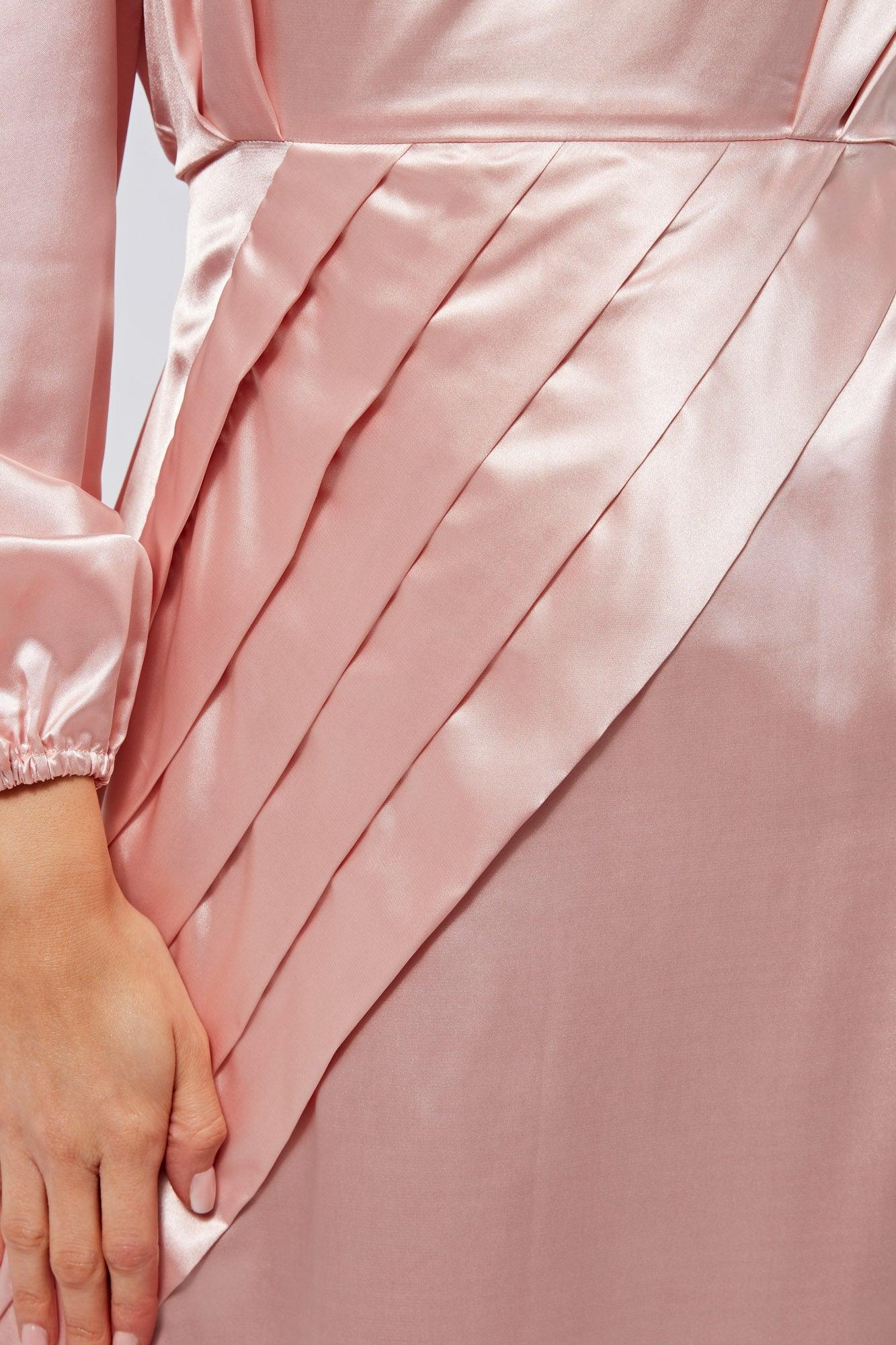 Seraphina Pink Satin Maxi Dress With Long Sleeves - TAHLIRA