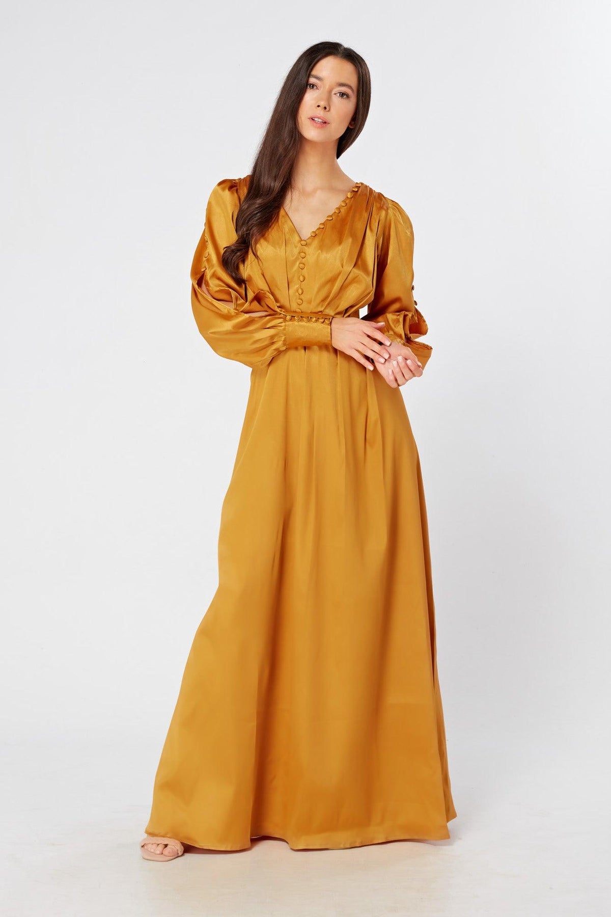 Goldyna Warm Gold Satin Maxi Dress With Buttoned Design Long Sleeves - TAHLIRA