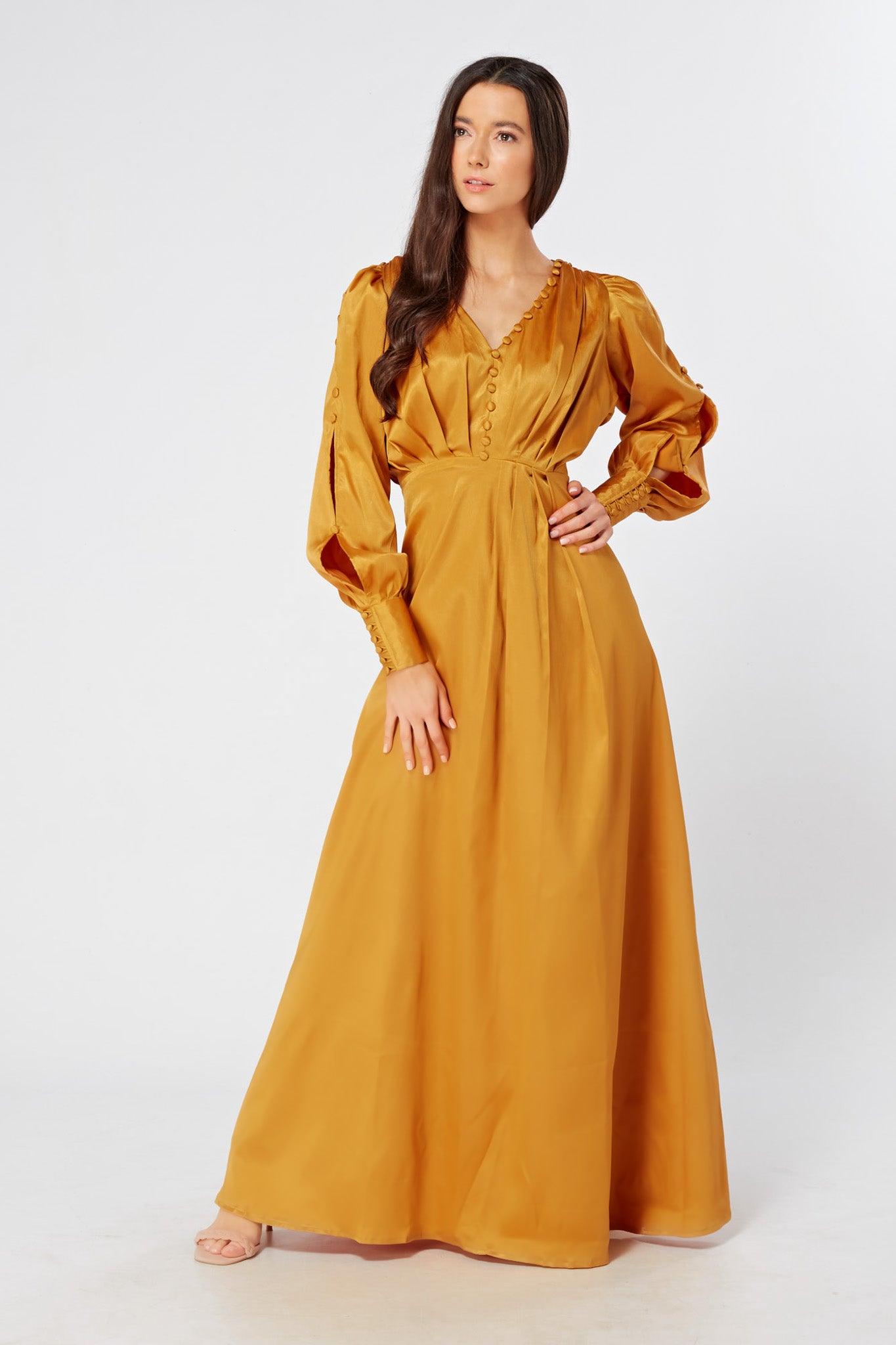 Goldyna Warm Gold Satin Maxi Dress With Buttoned Design Long Sleeves - TAHLIRA