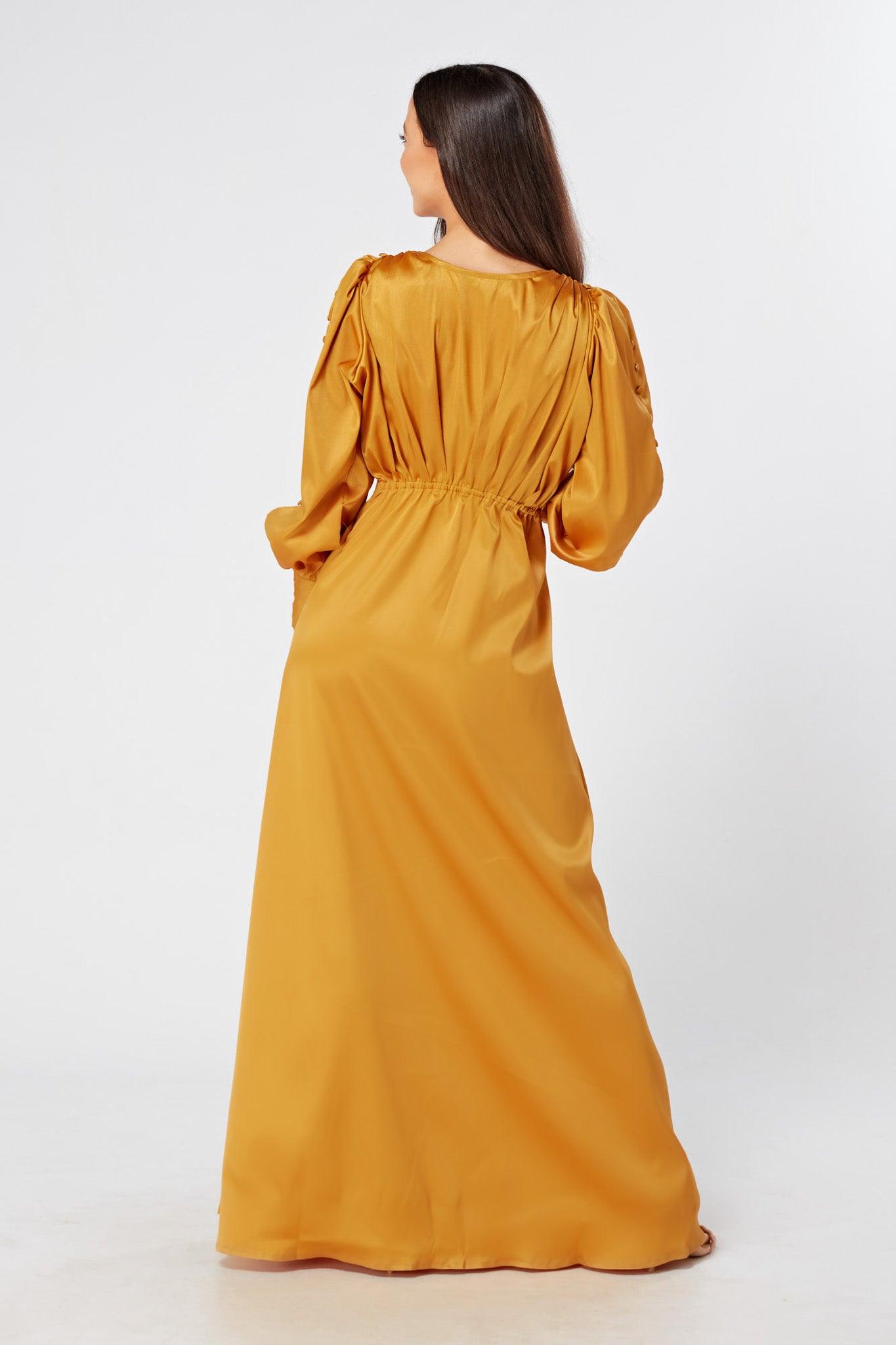 Goldyna Warm Gold Satin Maxi Dress With Buttoned Design Long Sleeves - TAHLIRA