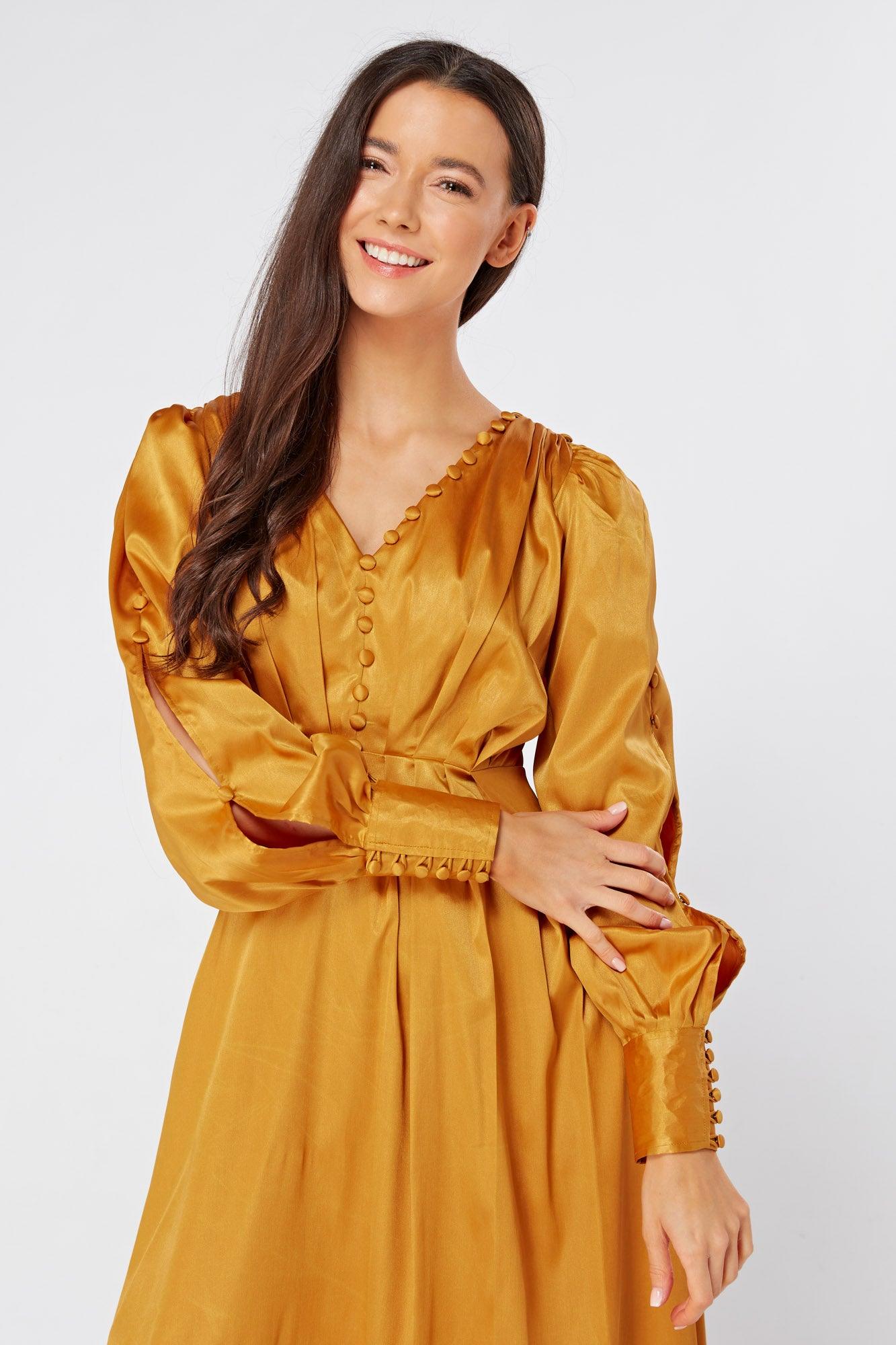 Goldyna Warm Gold Satin Maxi Dress With Buttoned Design Long Sleeves - TAHLIRA