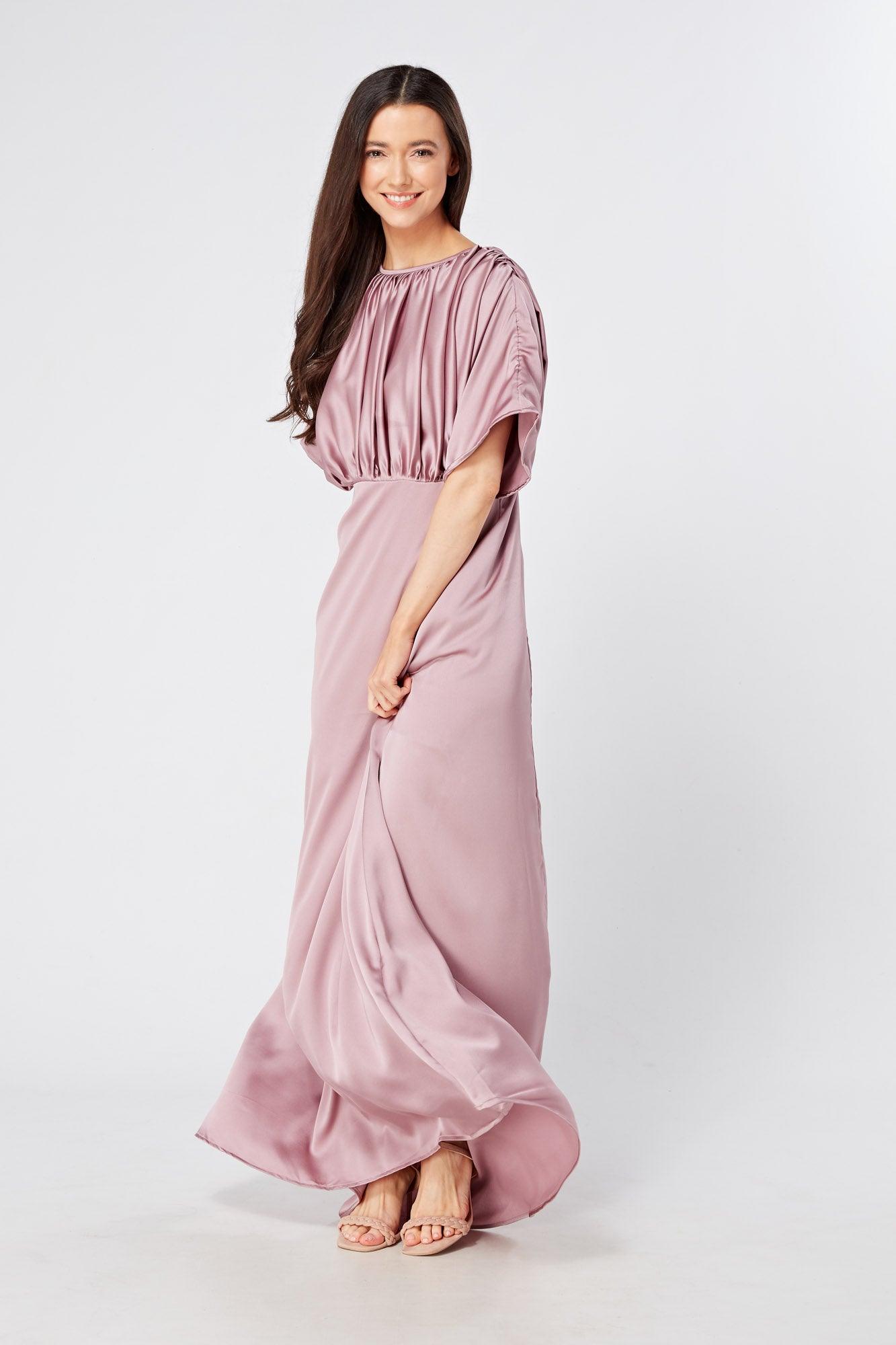 Josephine Lilac Satin Feel Crepe Maxi Dress With Ruched Body - TAHLIRA