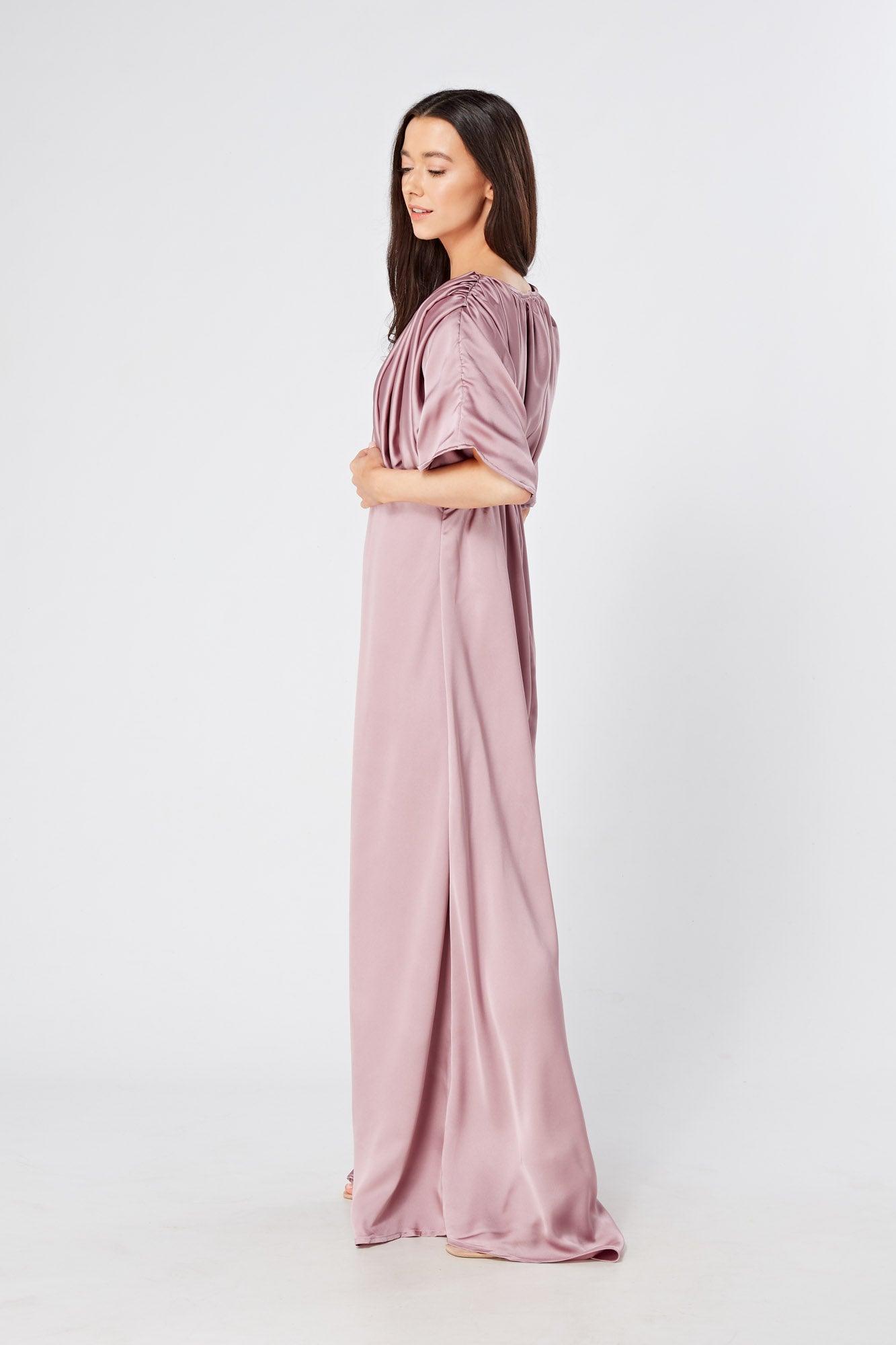 Josephine Lilac Satin Feel Crepe Maxi Dress With Ruched Body - TAHLIRA