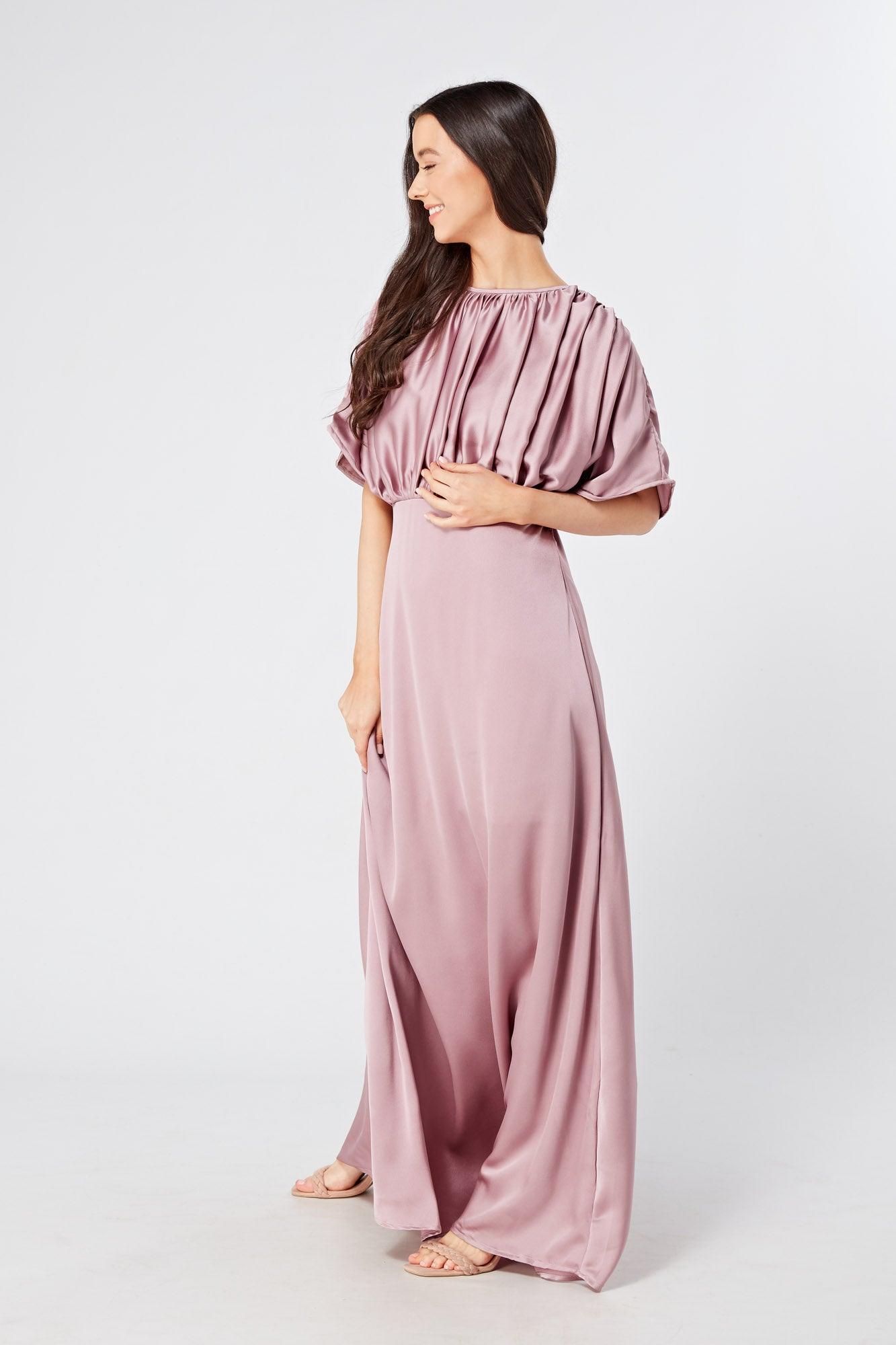 Josephine Lilac Satin Feel Crepe Maxi Dress With Ruched Body - TAHLIRA