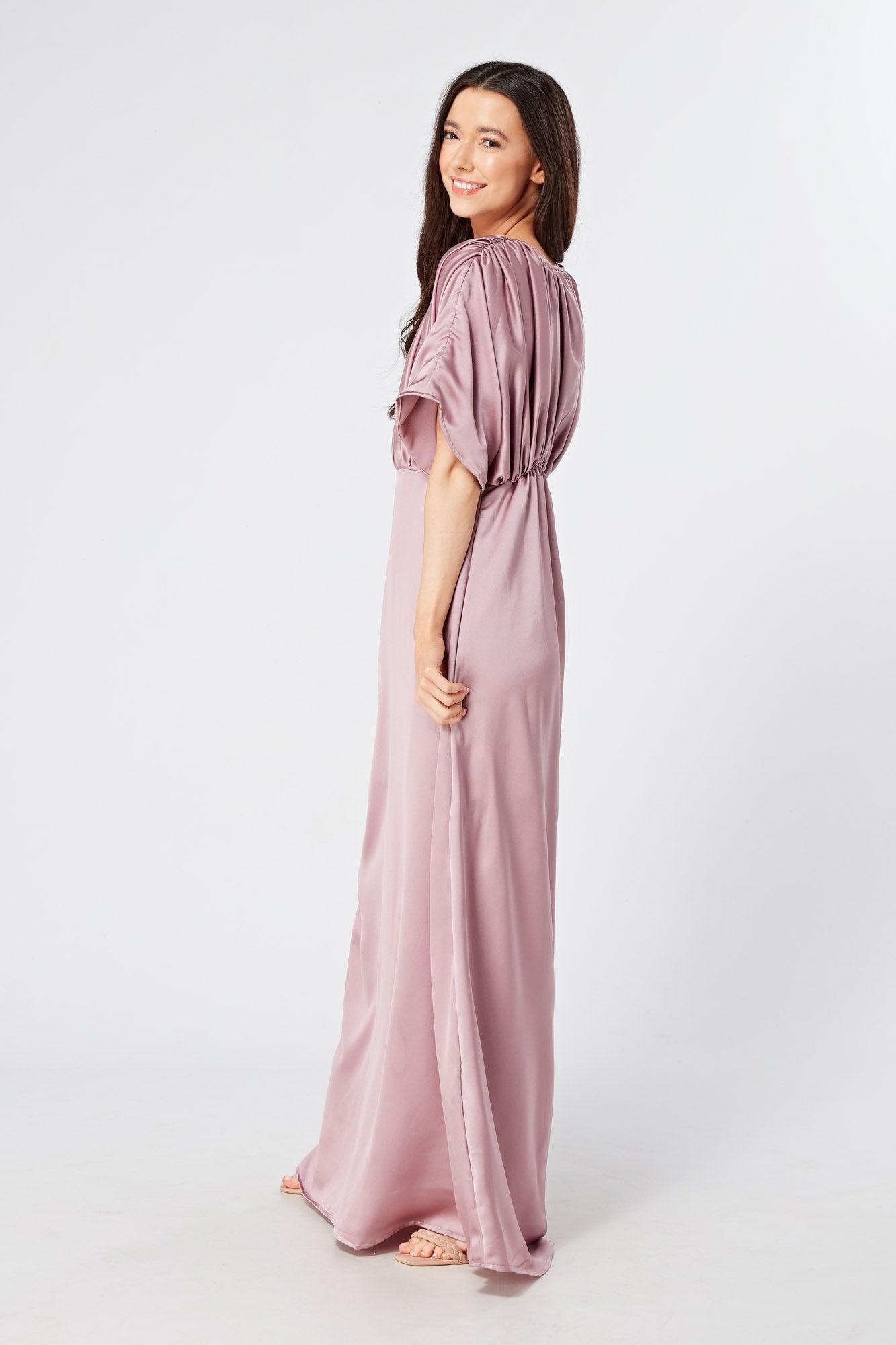 Josephine Lilac Satin Feel Crepe Maxi Dress With Ruched Body - TAHLIRA