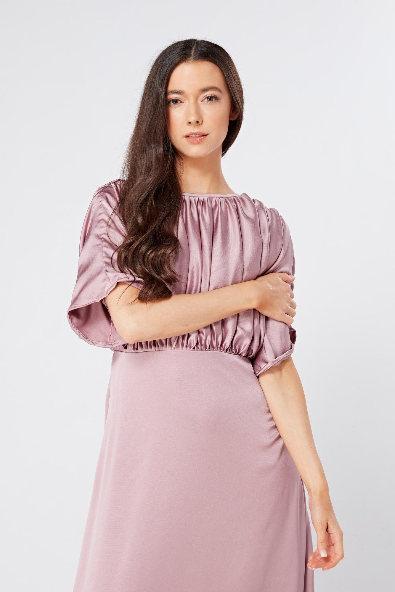 Josephine Lilac Satin Feel Crepe Maxi Dress With Ruched Body - TAHLIRA