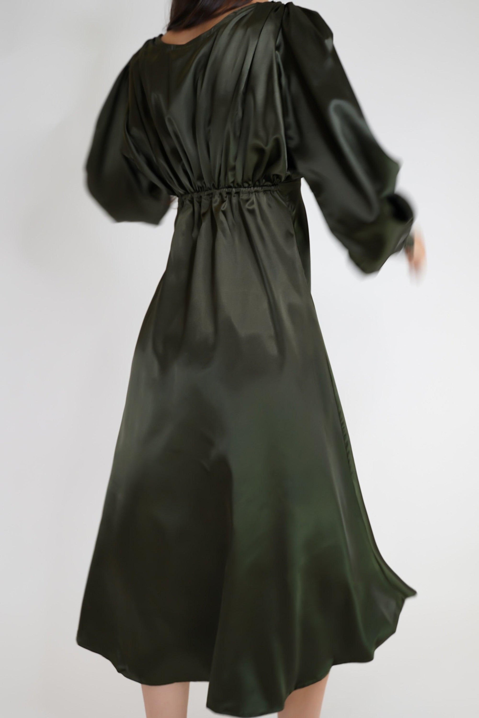 Tia Dark Olive Green Premium Satin Midi Dress With Long Sleeves - TAHLIRA