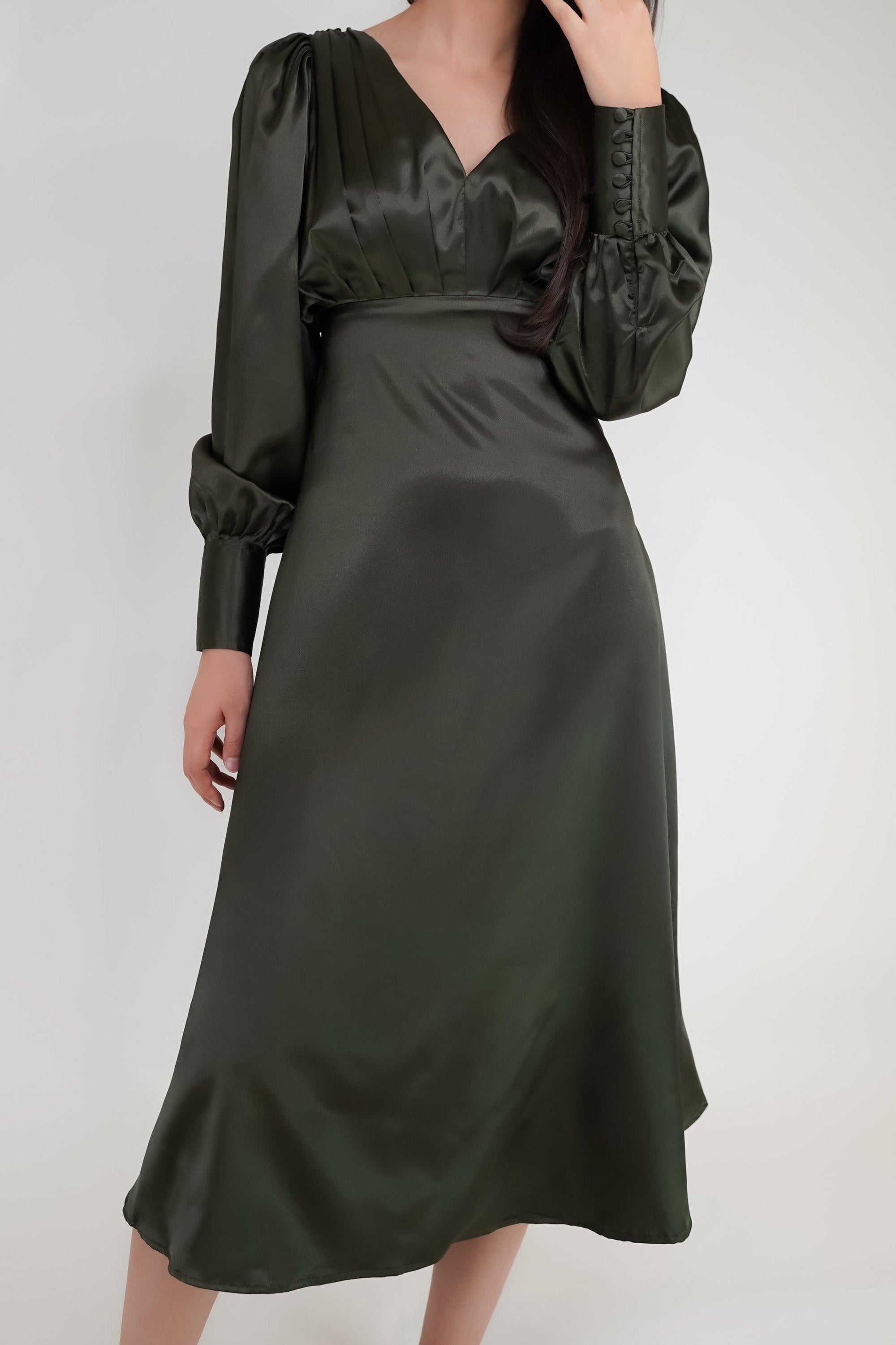 Tia Dark Olive Green Premium Satin Midi Dress With Long Sleeves - TAHLIRA